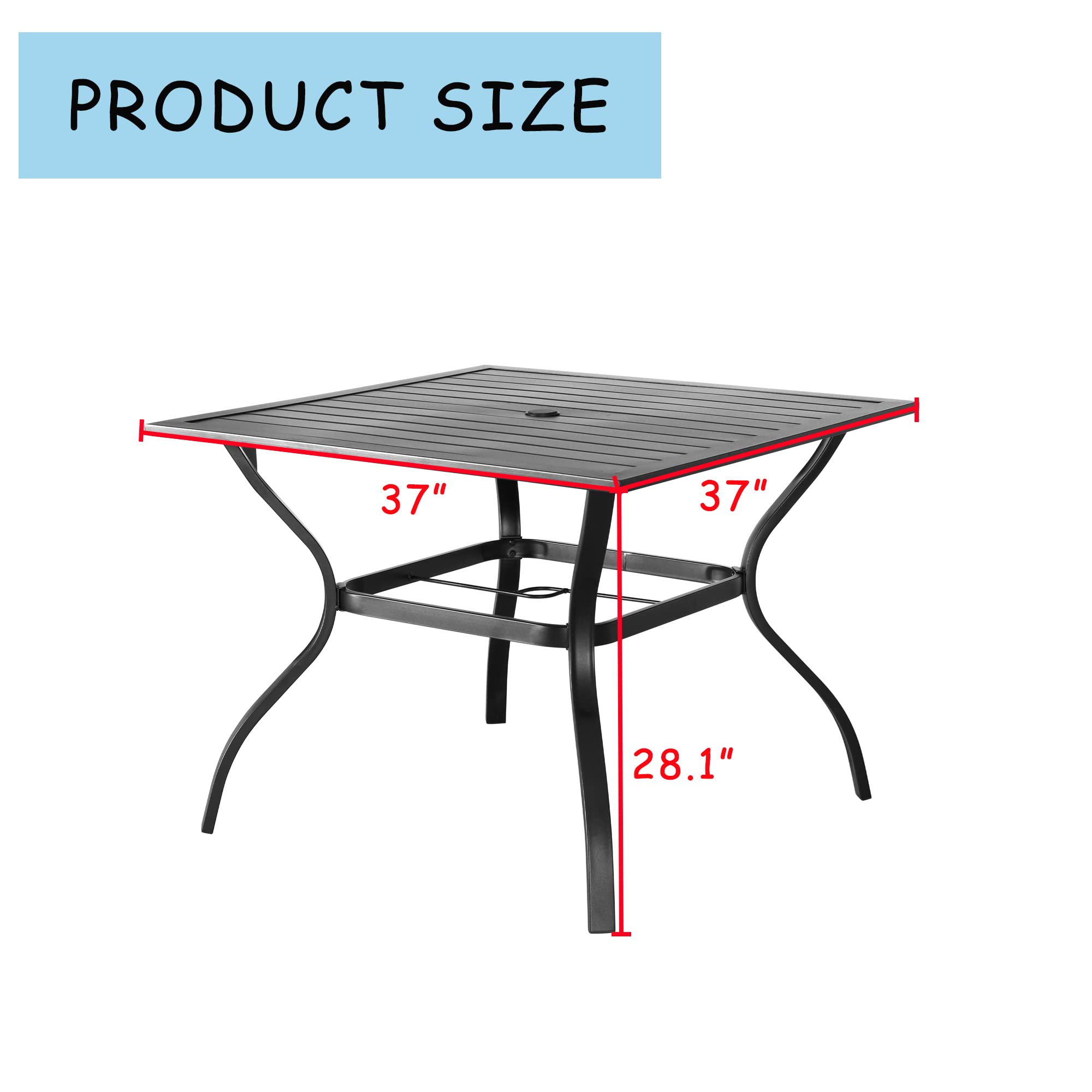 LOKATSE HOME 37 Inch Square Outdoor Patio Dining Table with Umbrella Hole - Durable Metal Steel Frame in Black - Perfect for Backyard, Garden, Poolside & BBQ Parties