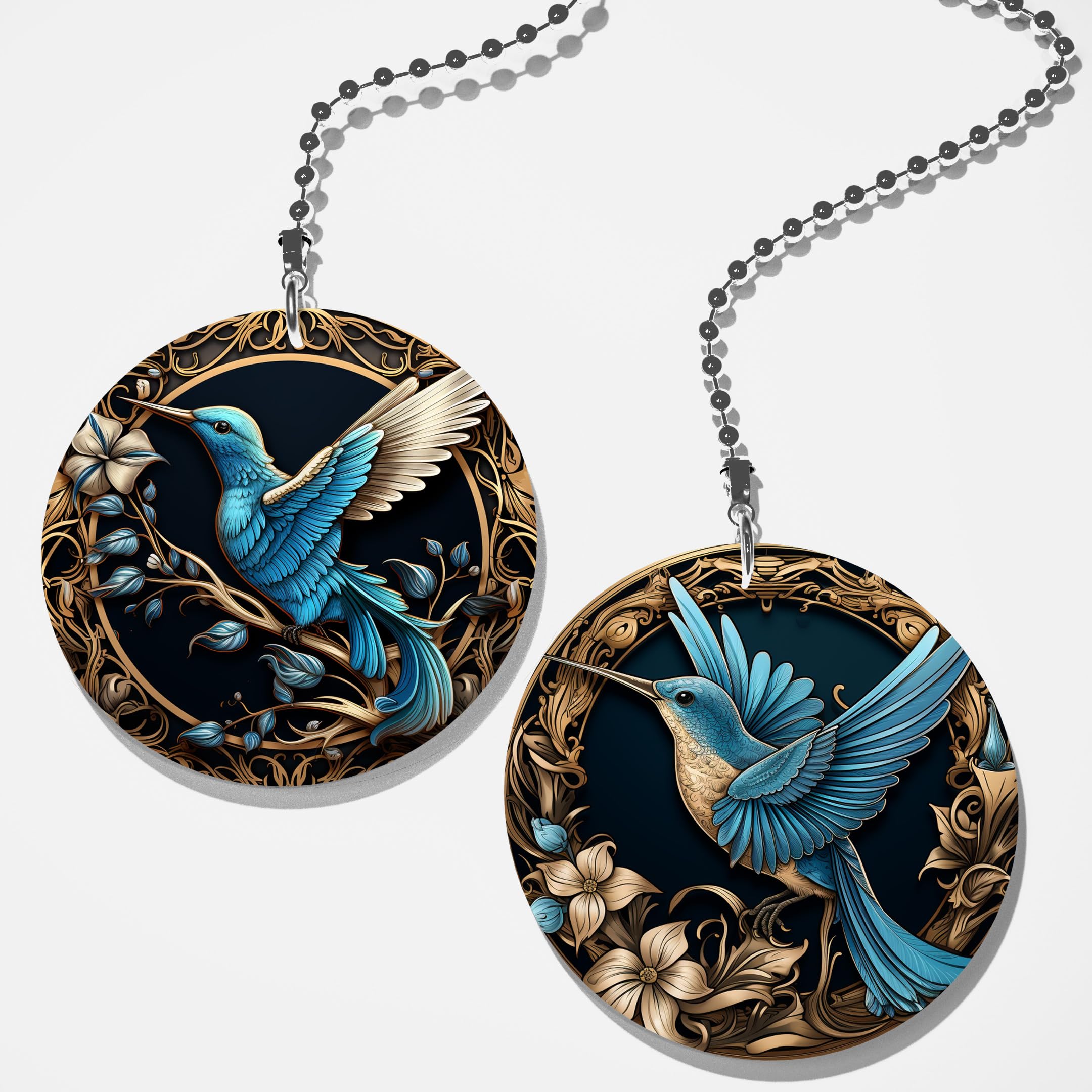 Set of 2 Blue Hummingbird Ceiling Fan Pull Chains - Intricate Bird Design Light Switch Cord Decor for Home, Bedroom, Living Room & Nursery