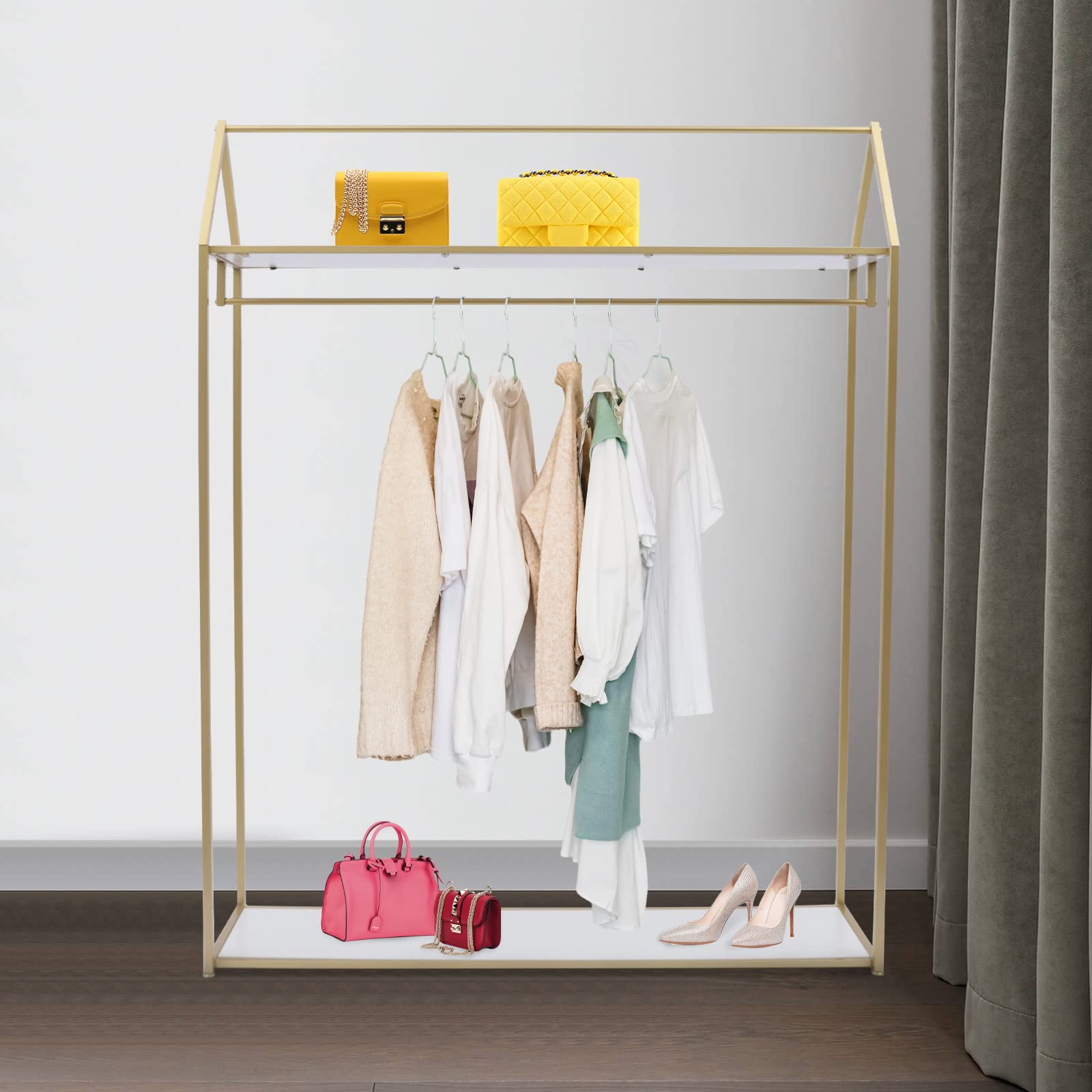 Heavy Duty Metal Garment Rack - Freestanding Clothes Rack with Double Storage Shelves, Gold Wedding Dress Display Stand | Perfect for Closet Organization, Boutique Display, and Home Storage Solutions
