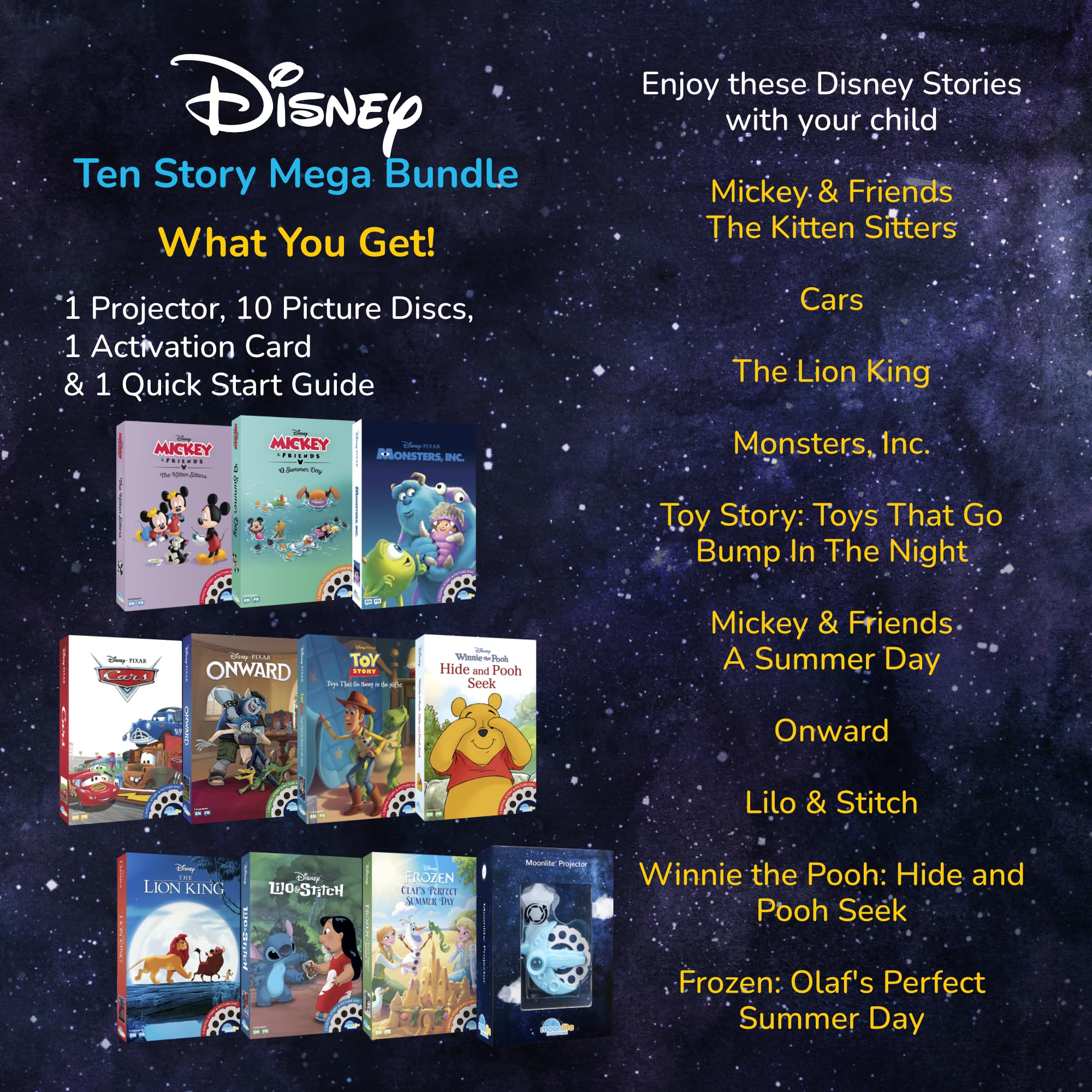 Moonlite Storytime Disney Megabundle - Mini Projector with 10 Classic Bedtime Stories for Kids Ages 1+ | Interactive Digital Storybooks with Fun Sound Effects | Perfect Learning Gift for Toddlers & Family Reading Time | Ideal for Bedtime, Travel & Early Childhood Education