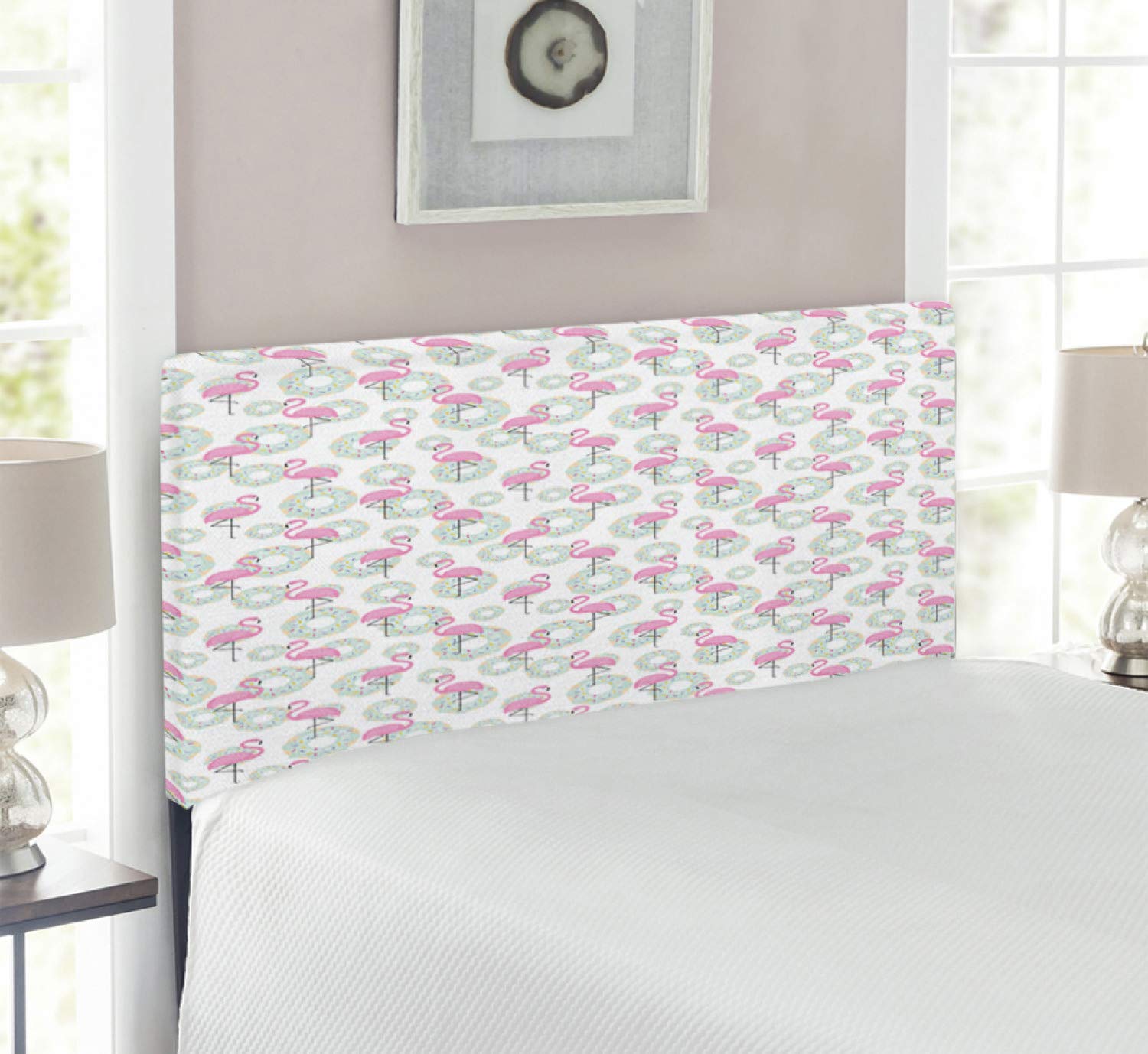 Ambesonne Flamingo Headboard - Pink Flamingos & Donuts Tropical Hawaiian Theme, Upholstered Metal Bed Headboard with Memory Foam, Twin Size, Pink Mint Green Beige | Perfect for Kids' Rooms, Beach House Decor & Tropical Bedroom Themes