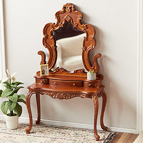 Bourbon Dressing Table Miniature for Dollhouse - Handcrafted Wooden Vanity Set with Mirror - Perfect for Dollhouse Decor, DIY Miniature Projects & Collectors