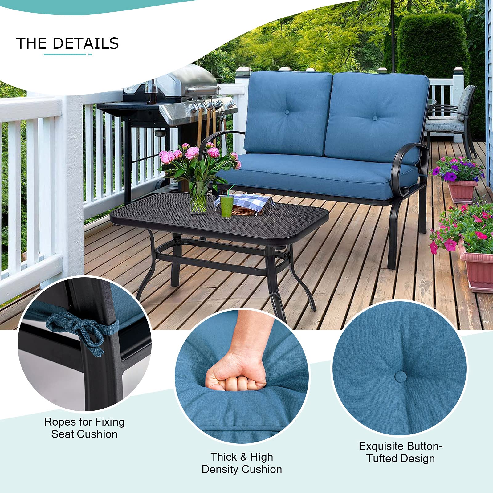 Giantex Outdoor Loveseat with Coffee Table - Patio Bench with Cushion & Sturdy Metal Frame - Navy & Black Garden Sofa Set for Porch, Yard, Poolside - Perfect for Relaxing, Entertaining & Outdoor Lounging