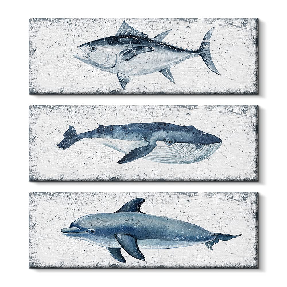 Beach Canvas Wall Art - 3 Panel Fish Painting for Bathroom & Dining Room Decor