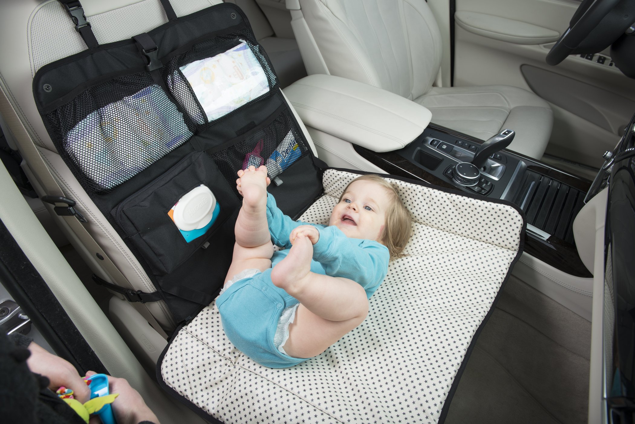 Portable Baby Diaper Changing Station for Car - Waterproof, Detachable with Toy Loops, 4 Pockets, Wet Wipes Holder & Tablet Holder | Multi-Use as Tummy Time Mat, Kick Mat | Perfect for Travel, Nursery & On-the-Go Parents (LUMI - Black with Ministars)