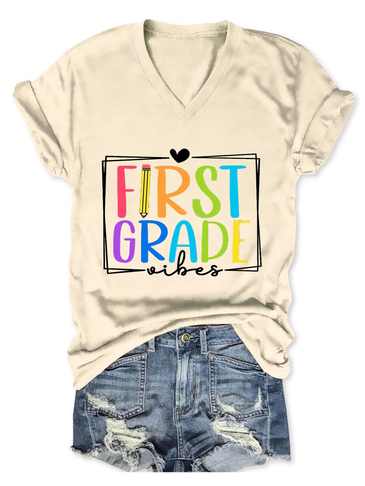 Funny First Grade Teacher T-Shirt for Women - Cute Letter Print V-Neck Short Sleeve Tee | Perfect Teacher Appreciation Gift & Casual School Wear