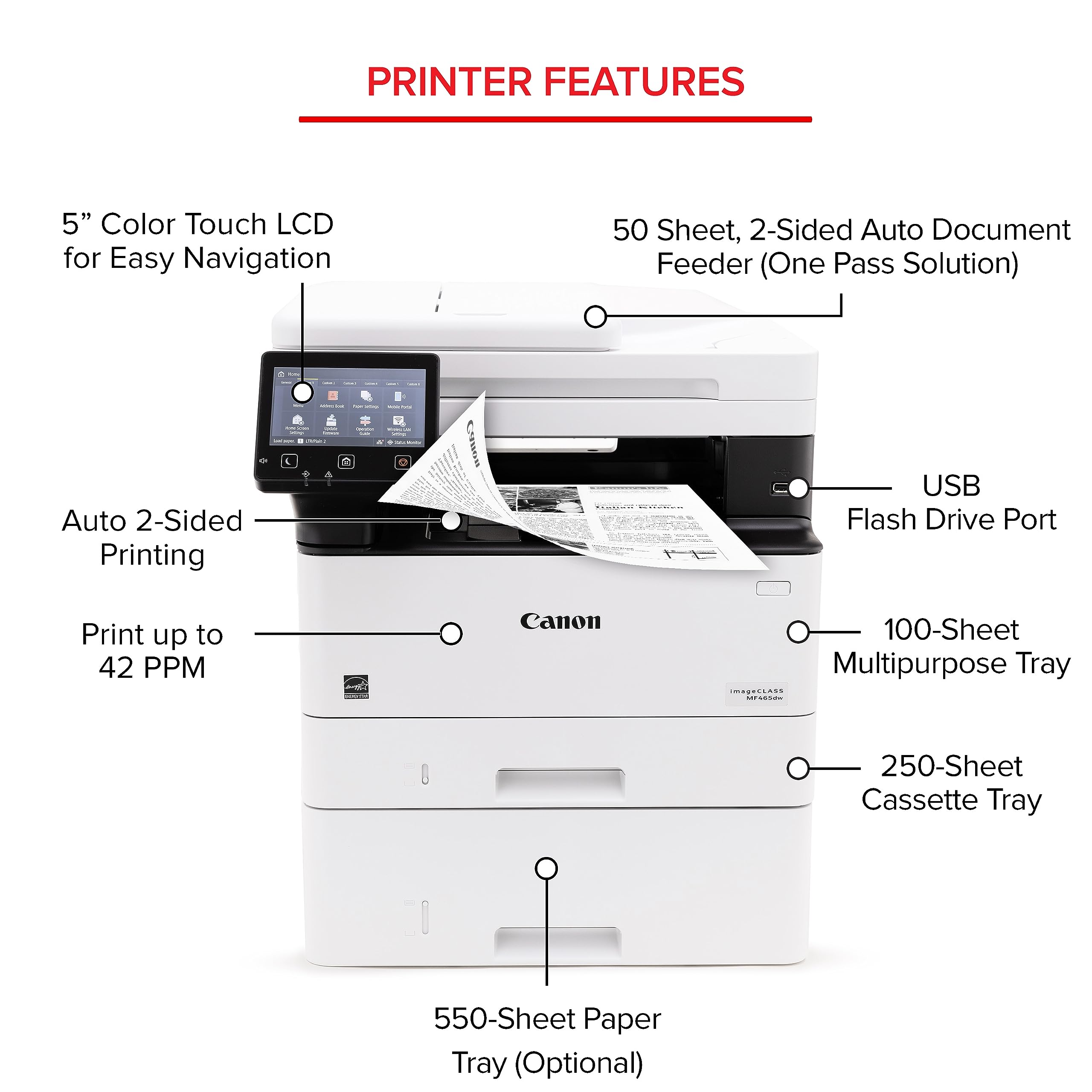 Canon imageCLASS MF465dw Wireless Monochrome Laser Printer - All-in-One with Scanner, Copier & Fax | 42ppm Fast Printing | Auto Document Feeder | Mobile Ready | Ideal for Home & Office Use | White | 3-Year Warranty | Perfect for Document Scanning, Business Reports & Remote Work Printing