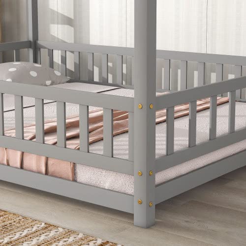 Full Size Wooden Bed Frame with Roof and Guardrails - Easy Assembly House Bed for Kids, Teens, Boys & Girls (White) | Perfect for Bedroom, Playroom, and Kids' Sleep Safety