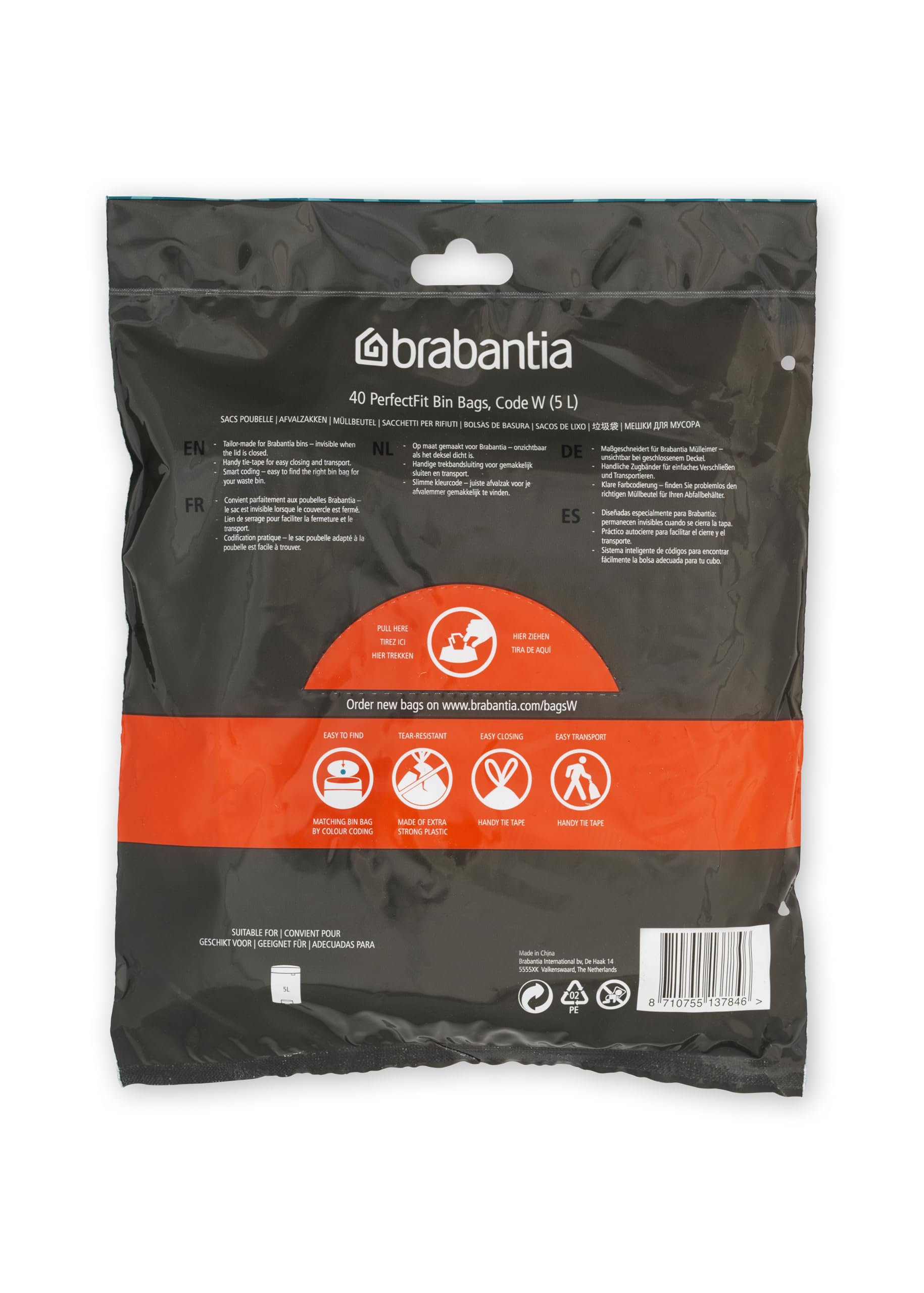 Brabantia PerfectFit 1.3 Gallon Trash Bags - 40 Count Thick Plastic Drawstring Trash Can Liners with Handles - Ideal for Small Bathroom, Office & Bedroom Waste Bins