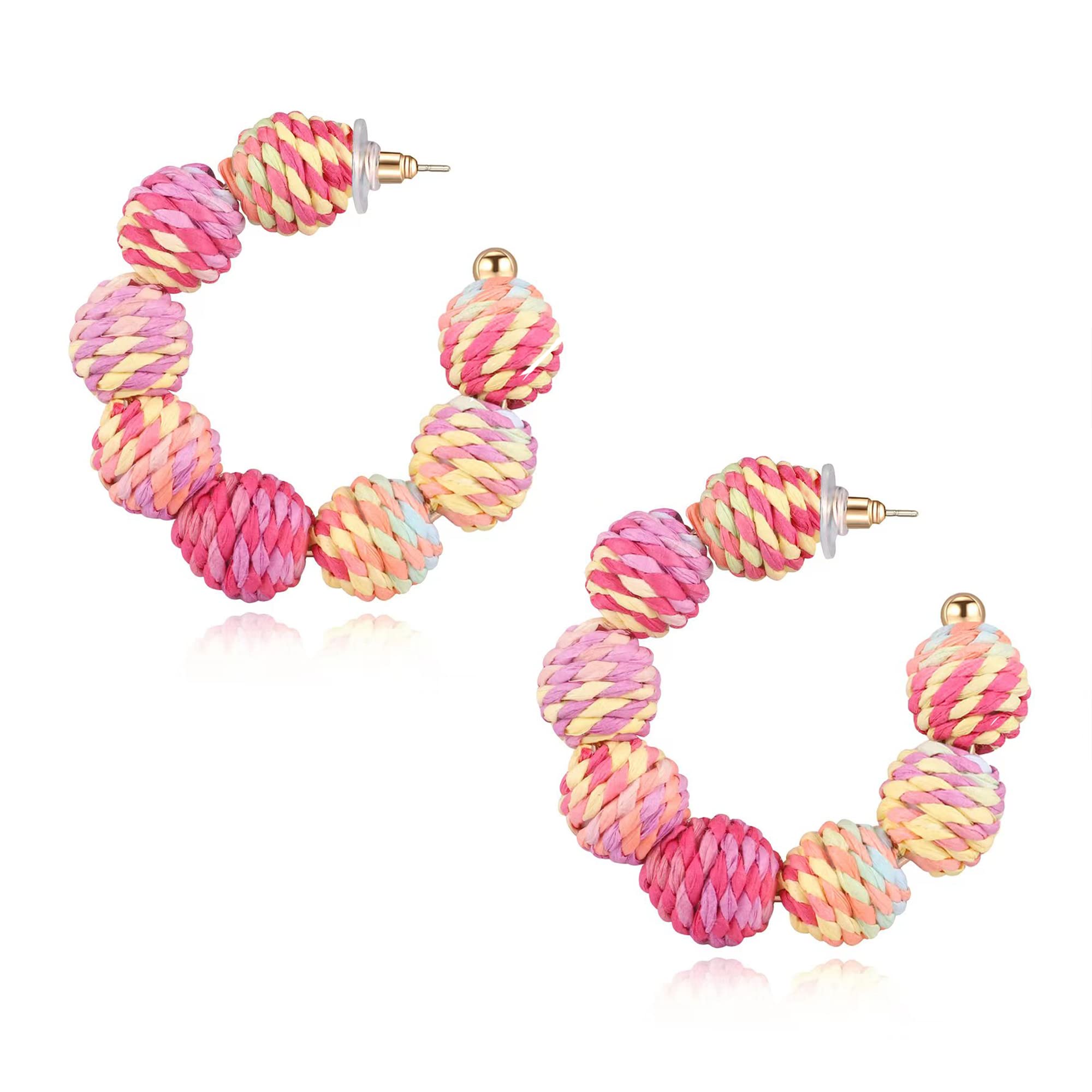 Boho Rainbow Beaded Raffia Hoop Earrings for Women - Colorful Bohemian Statement Rattan Dangle Drop Earrings - Perfect for Summer, Beach, Festivals & Boho Chic Outfits
