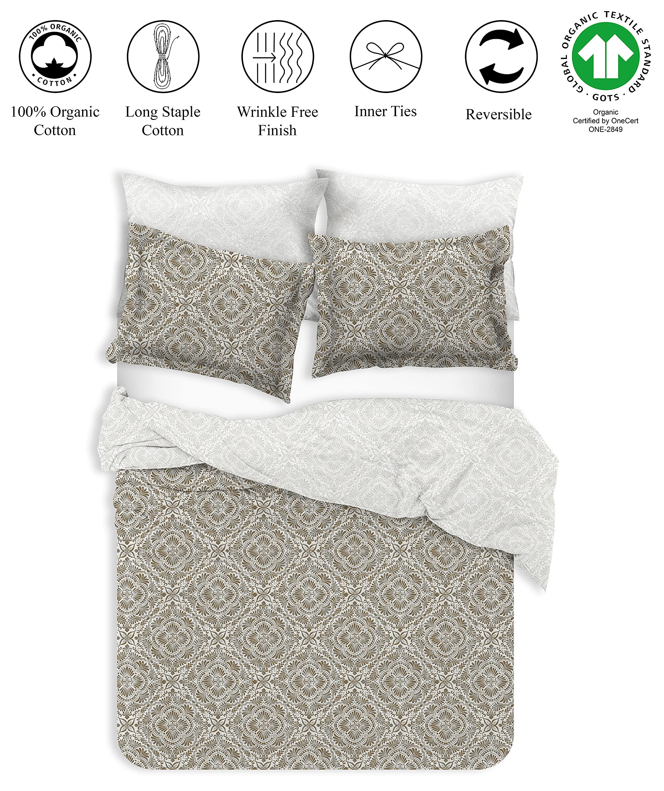 Delara Organic Cotton Queen Duvet Cover Set - 3 Piece Soft Bedding Set with 2 Pillow Shams | Button Closure & Corner Ties | Machine Washable | GOTS Certified | Perfect for Master Bedroom, Guest Room & Cozy Home Decor