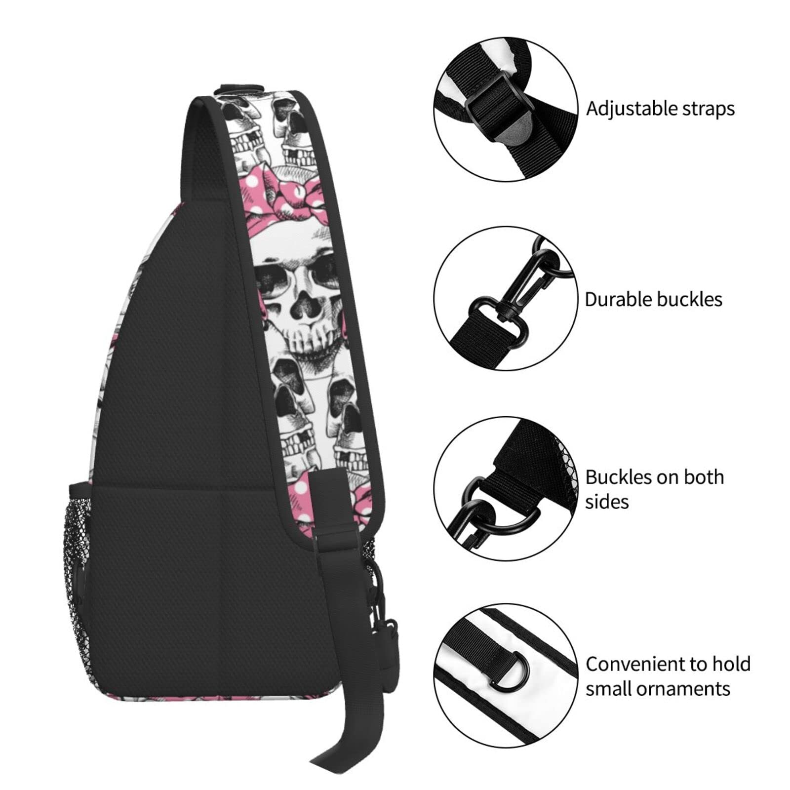Skull Print Sling Bag with Adjustable Headband - Crossbody Backpack for Women & Men - Lightweight Shoulder Bag for Hiking, Travel, Cycling & Outdoor Activities - Small Daypack with Single Strap - Casual Chest Bag Purse for Everyday Use
