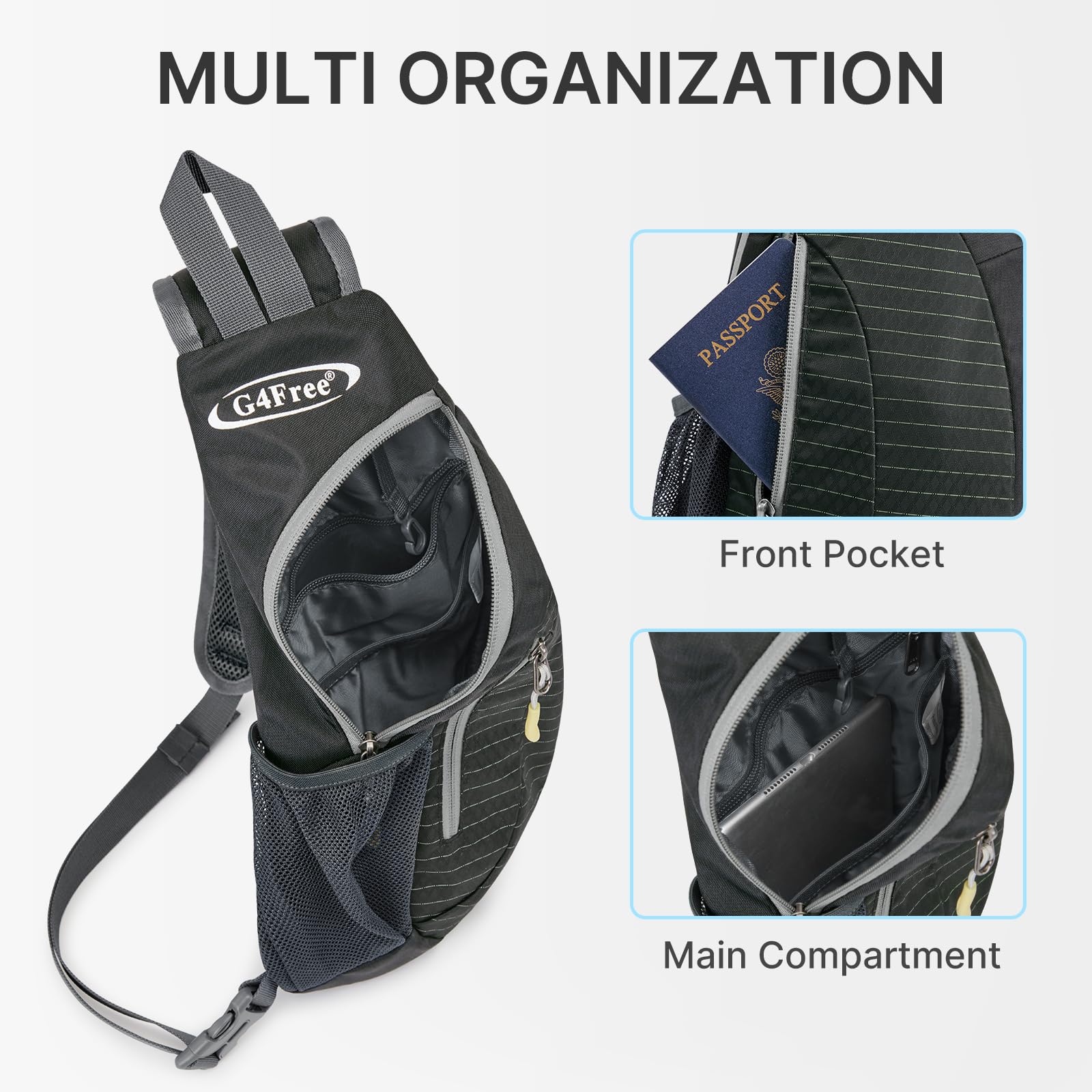 G4Free Lightweight Sling Bag for Men & Women - Adjustable Shoulder Backpack, Small Crossbody Chest Pack - Perfect for Travel, Hiking & Daily Use (Black)
