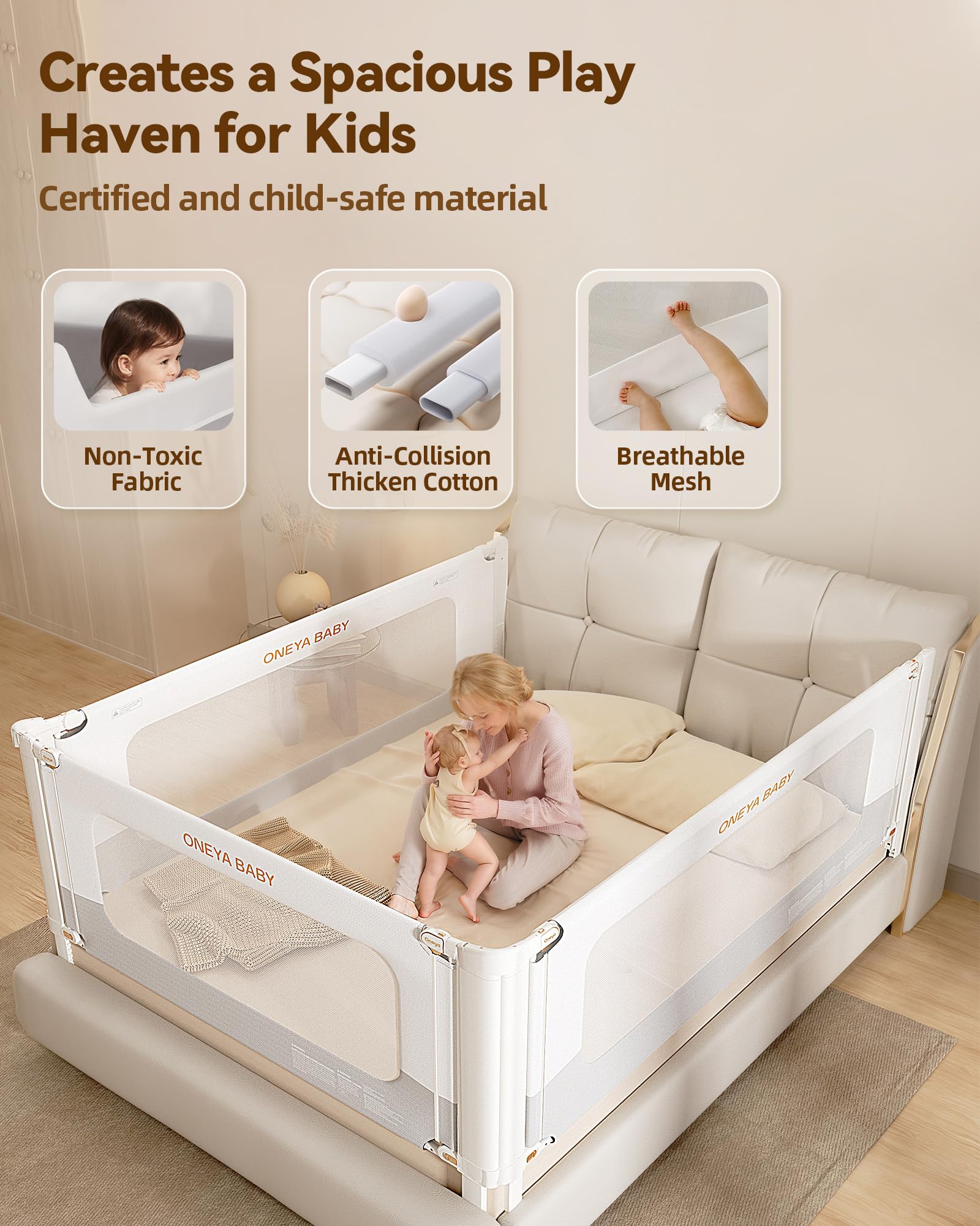 Toddler Bed Rail - Thickened & Reinforced Baby Bed Guard with Double Safety Lock | Fits Queen & King Size Beds (78.7