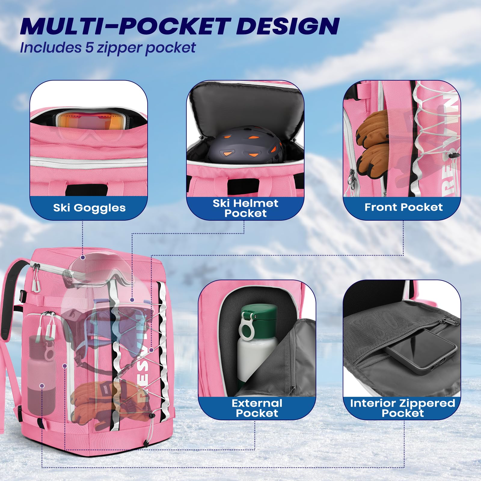 **55L Large Waterproof Ski Boot Backpack - 1680D Nylon Travel Bag for Helmet, Goggles, Gloves & Snowboard Accessories | Perfect for Ski Trips & Winter Sports Travel**