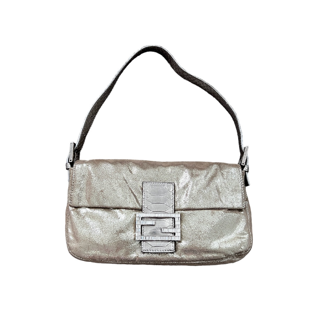 Fendi Shining Golden Ostrich Leather Bag with Crystal Buckle - Luxury Designer Handbag for Women, Perfect for Parties, Weddings & Evening Events