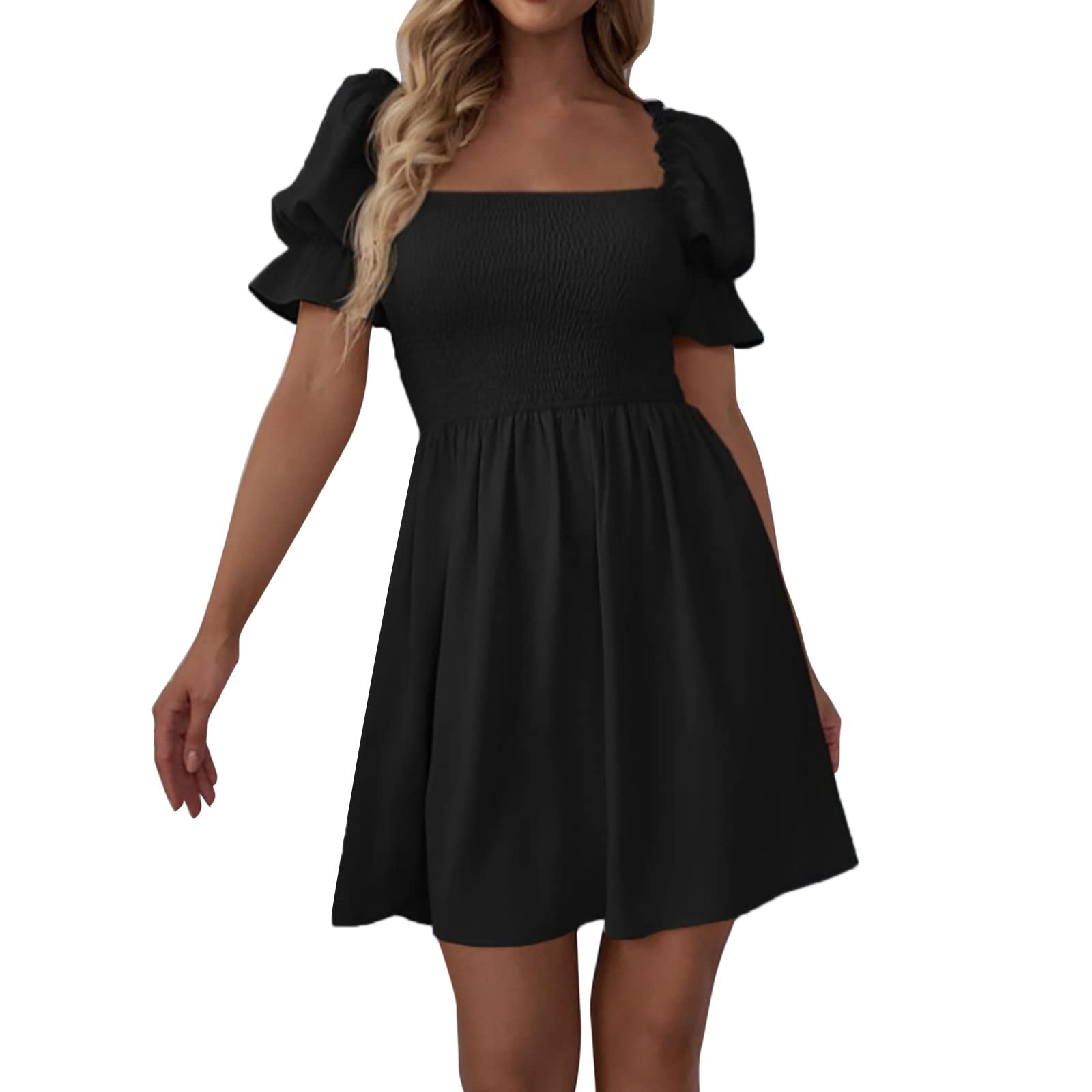 FORESTIME Women's Summer Short Sleeve Square Neck Dress - High Waist Ruffled Flowy Midi Dress for Casual, Party & Elegant Occasions - Perfect for Beach Vacations, Date Nights and Office Wear