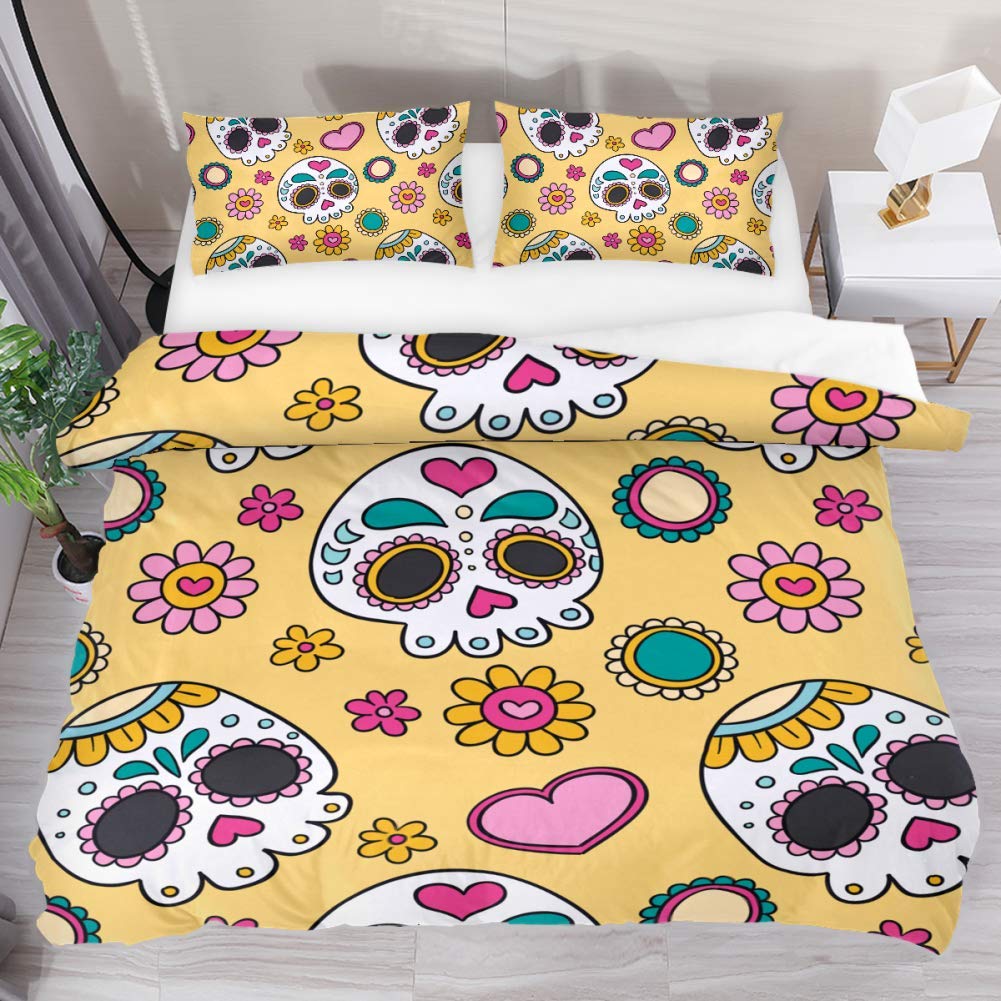 AISSO Floral Sugar Skull Printed Duvet Cover Set - 3 Piece Microfiber Comforter Set with Mexico Style Skull Flowers, Ultra Soft Twin XL Bedding for Home, Hotel & RV Decor - Perfect for Day of the Dead Theme Rooms & Bohemian Bedroom Decor