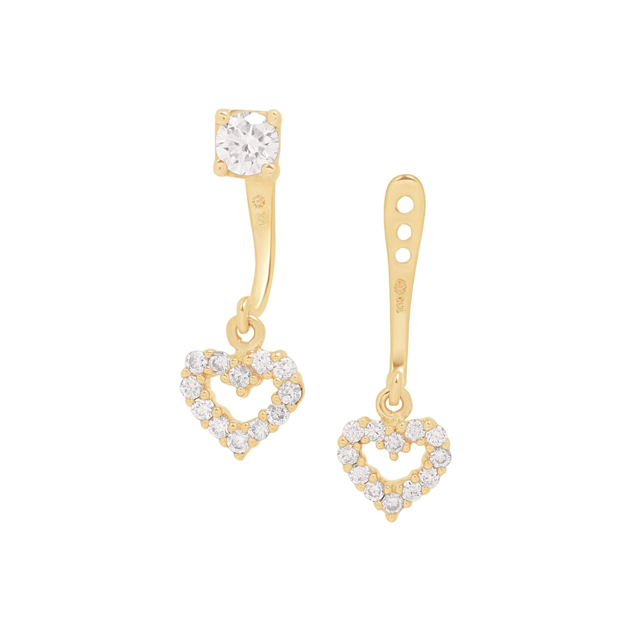 14k Yellow Gold Diamond Heart Ear Jacket & Stud Set - Elegant Dangle Earrings for Women, Perfect for Valentine's Day, Anniversary & Romantic Date Nights