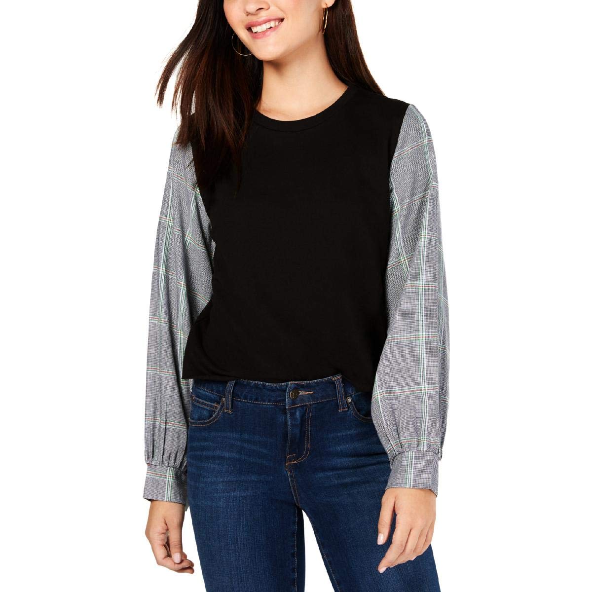 Seven Sisters Women's Juniors Plaid Long Sleeve Blouse - Black, Size L | Stylish Button-Down Shirt for Office, Casual Wear & Fall Fashion