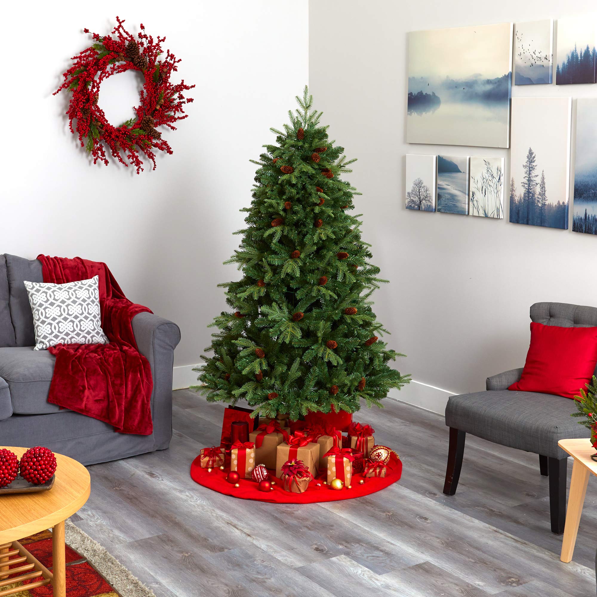 Nearly Natural 6ft Wellington Spruce Artificial Christmas Tree with 300 Clear LED Lights & Pine Cones - Perfect for Holiday Home Decor, Office Party & Festive Celebrations