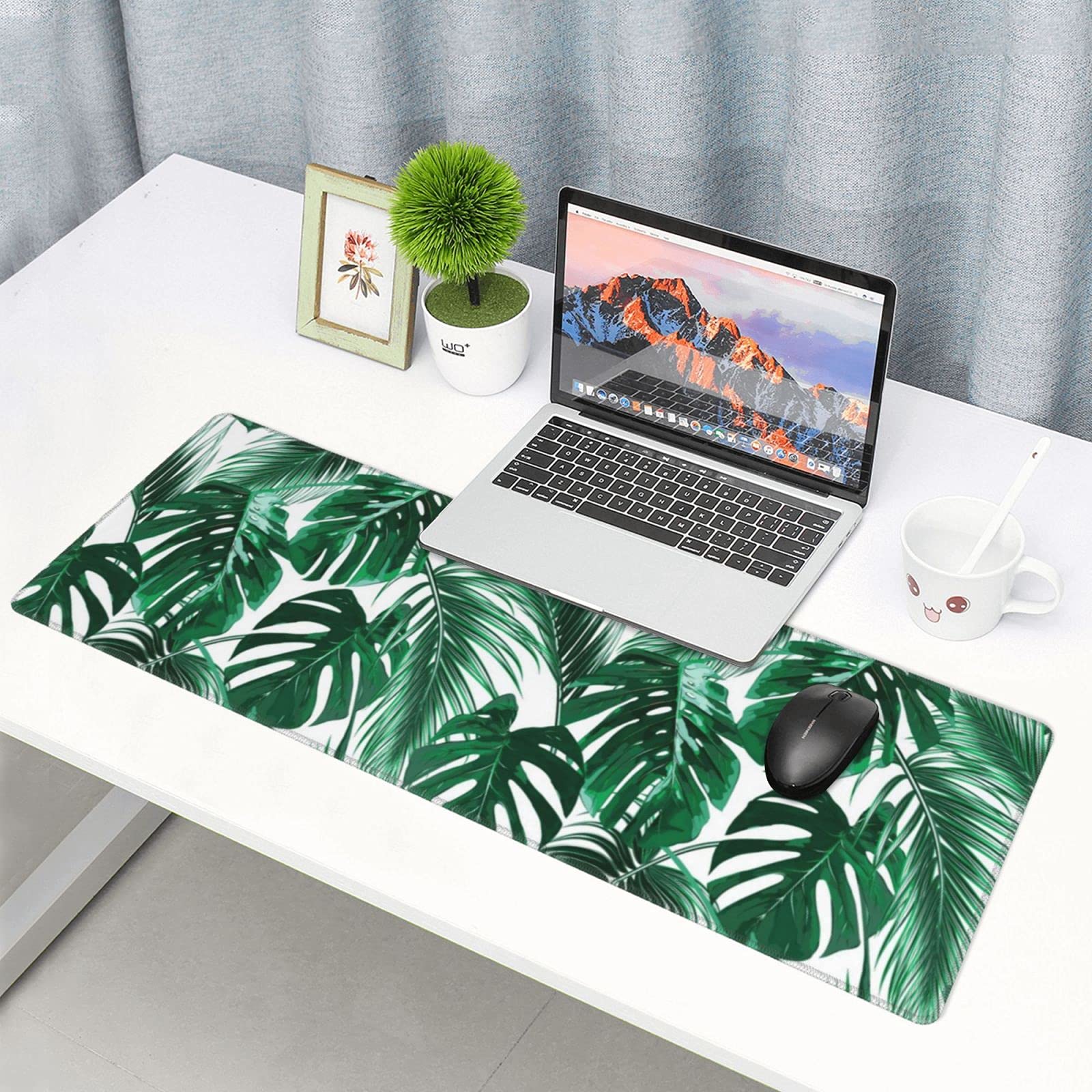 Large 35.4×15.7 Inch Tropical Palm Leaf Gaming Mouse Pad - Non-Slip Rubber Base, Stitched Edges, Waterproof Extended Desk Mat for Keyboard & Mouse - Perfect for Office, Home & Gaming Setup (Ergonomic Workspace Accessory)