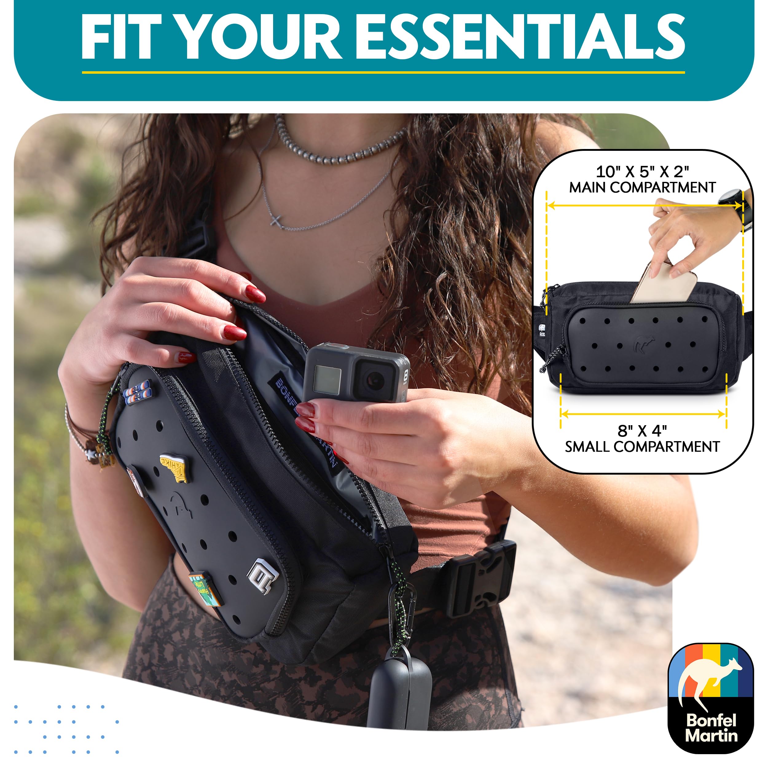 Insulated Waist Pack for Women & Men - Adjustable Fanny Pack with Custom Charm Panel - Unisex Crossbody Bag for Travel, Hiking, Gym - Fashionable Hip Pack (Black) - Perfect for Outdoor Adventures, Workouts & Daily Use