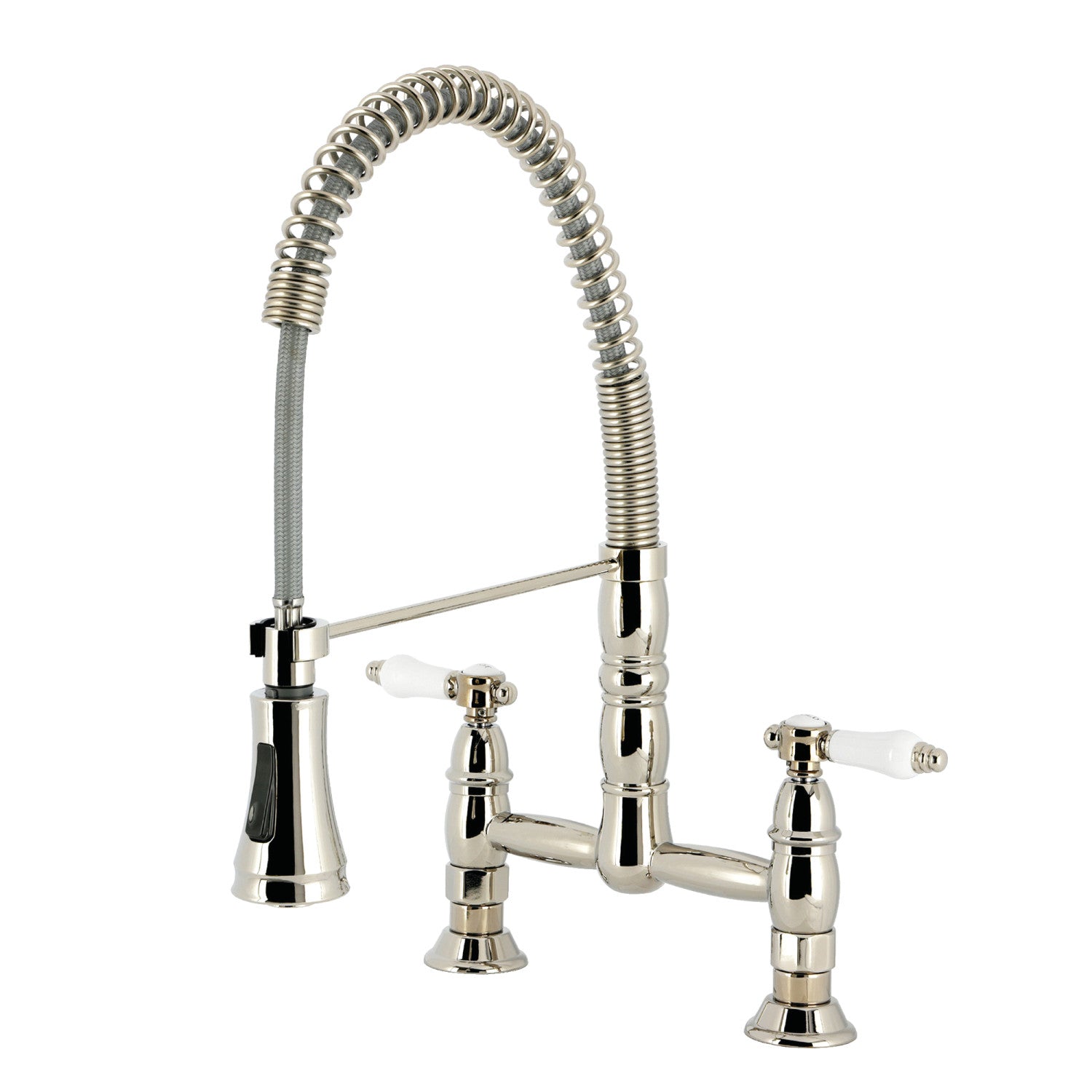Bel Air GS1276BPL Double Handle 2 Hole Deck Mount Pre Rinse Bridge Kitchen Faucet in Polished Nickel - Perfect for Commercial Kitchens and Heavy-Duty Home Use