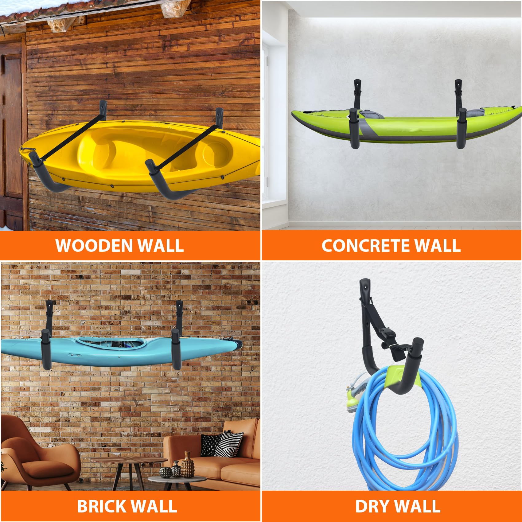 **Heavy Duty Kayak Wall Mount Storage Rack - 4 Pack with Straps, 100 LB Capacity - Perfect for Garage, Paddle Boards, Surfboards, Bikes, Ladders, SUP & Snowboards (Ideal for Outdoor Gear Organization & Space Saving)**