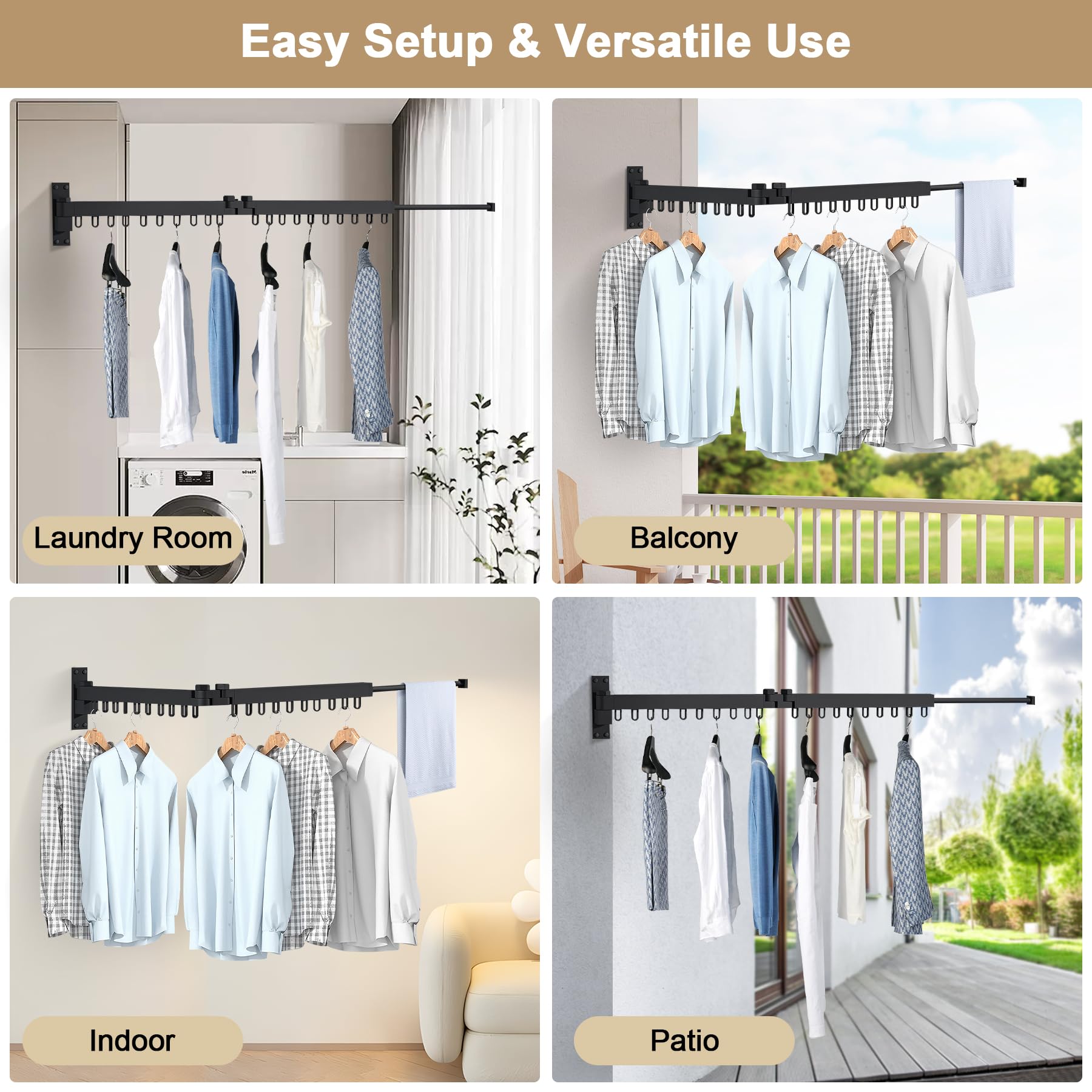 Foldable Wall Mounted Clothes Drying Rack - Heavy Duty Space Saving Laundry Hanger, Retractable Expandable Collapsible for Indoor & Outdoor Use - 64