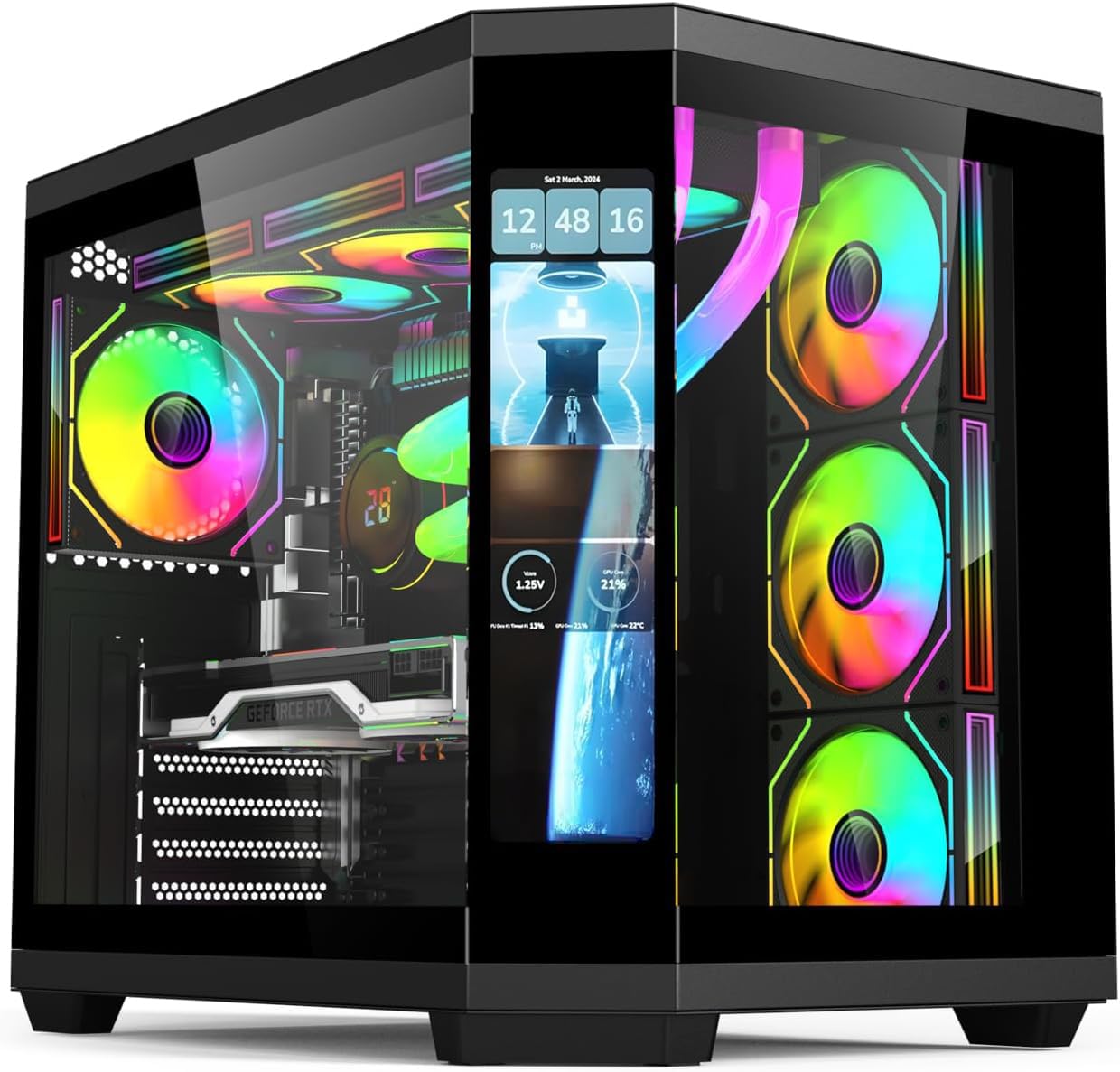 IONZ APEX Vision ATX Mid Tower PC Gaming Case - Dual Chamber Design, 4 ARGB PWM Fans & LCD Screen (Black) - Perfect for High-Performance Gaming Rigs & Custom PC Builds