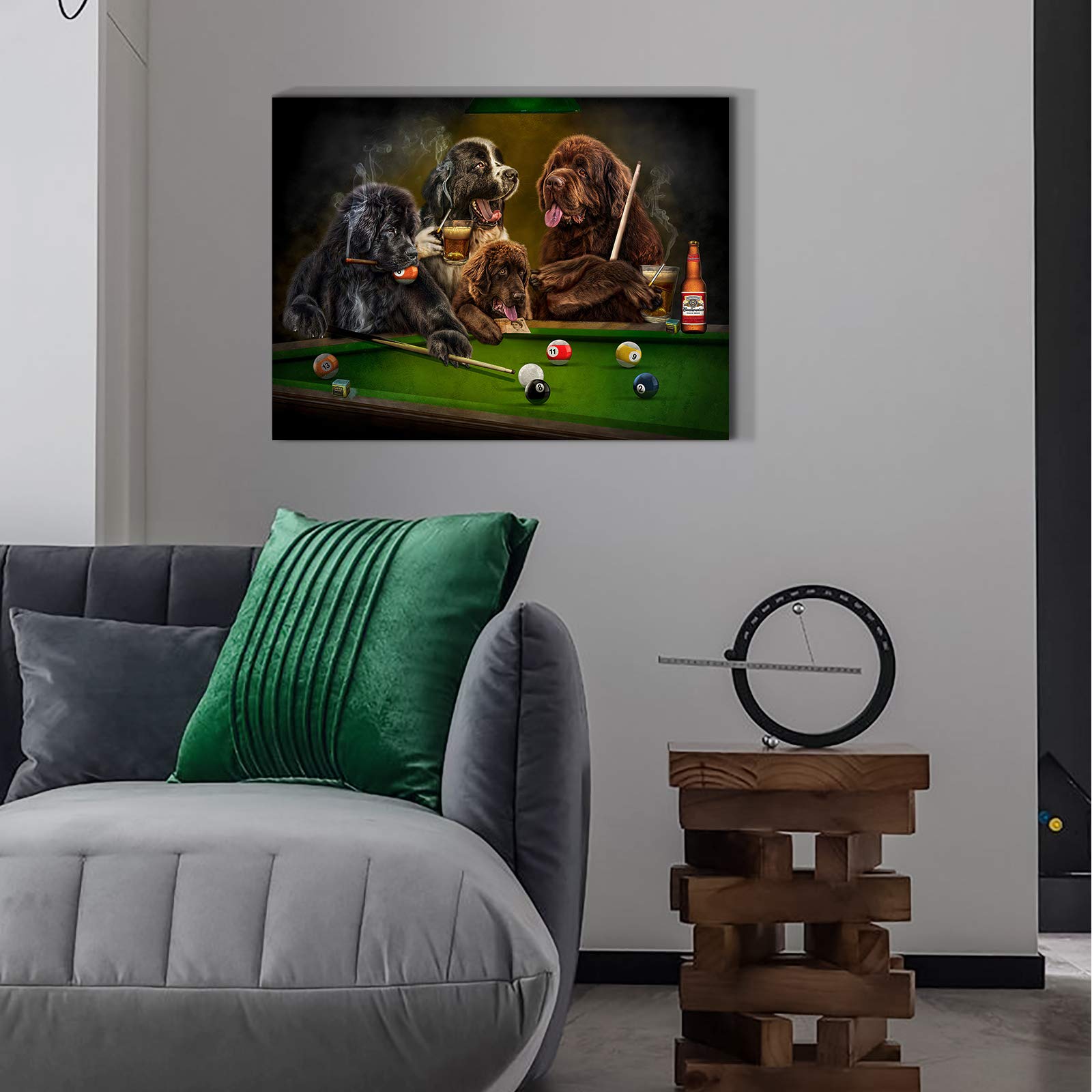Denozer - Dogs Playing Pool by Cassius Marcellus Coolidge - Premium Oil Painting Reproduction on Gallery-Wrapped Canvas (48x36 Inch) - Ready to Hang Billiards Game Artwork for Entertainment Room, Man Cave & Game Room Wall Decor