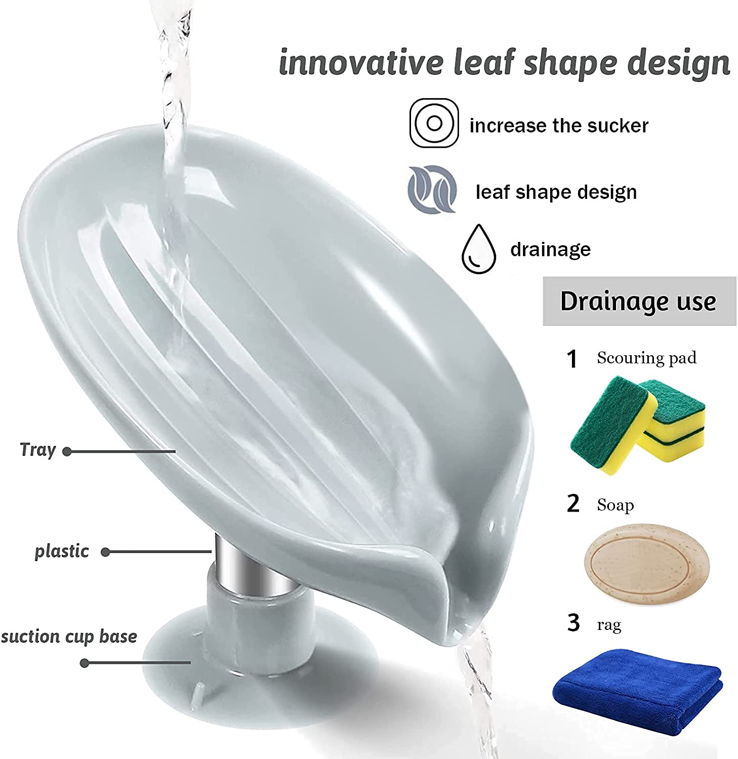 MARMIX Leaf-Shaped Self Draining Soap Dish Holder - 1 Pack, No Holes Easy Clean Bar Soap Saver with Suction Cups for Shower, Bathroom & Kitchen Sink - Perfect for Wet Areas, Travel & Small Spaces (Grey + Green)