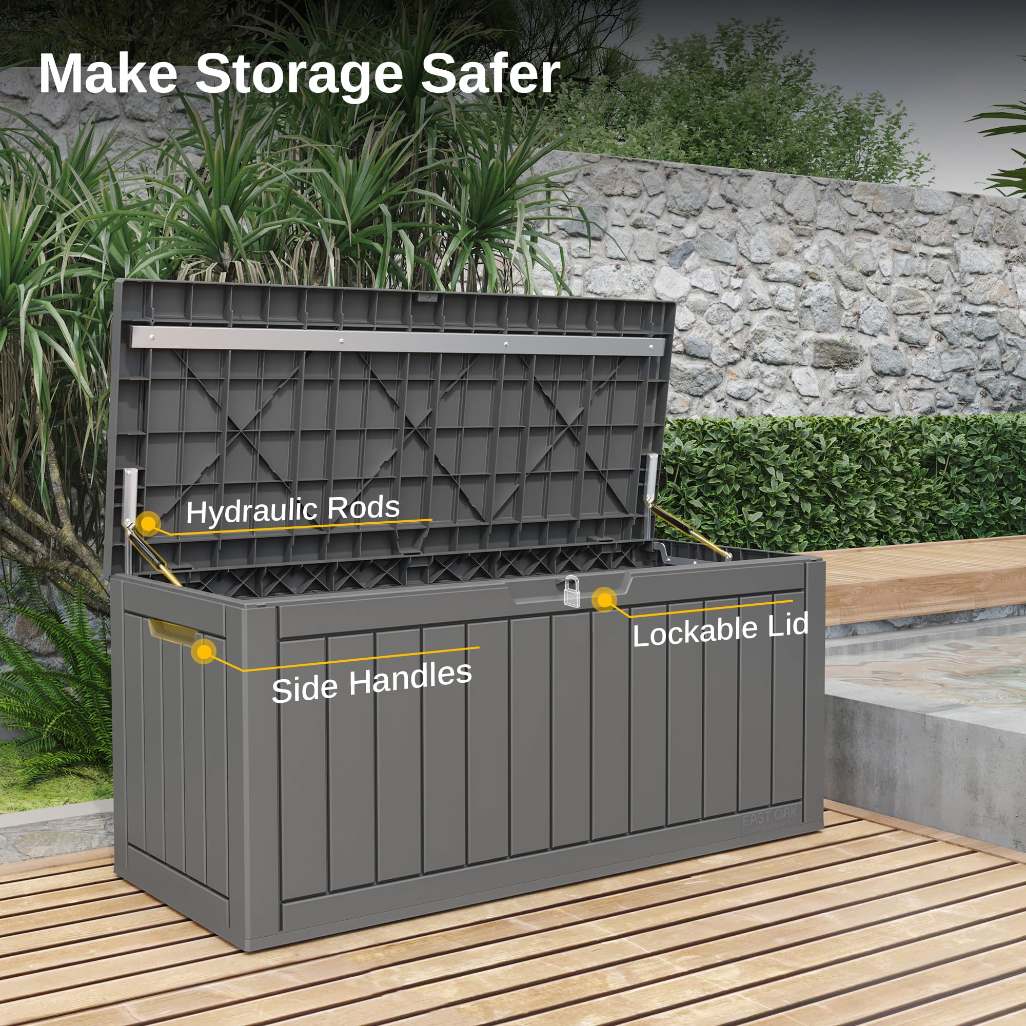EAST OAK 90 Gallon Outdoor Storage Box - Waterproof Resin Deck Box with Lockable Lid, UV Resistant for Patio Furniture Cushions, Gardening Tools, Pool Toys | Perfect for Backyard, Garden & Poolside Organization (Grey)