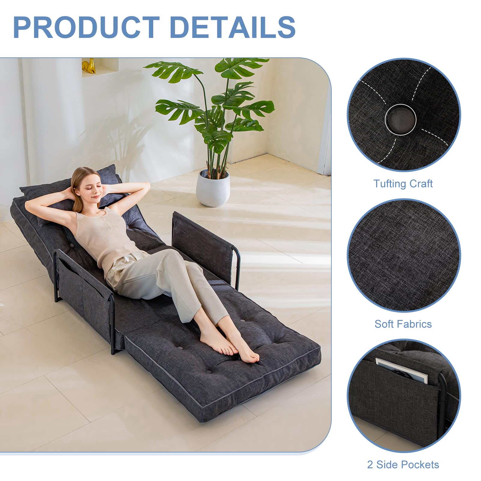 MAXYOYO Adjustable Floor Sofa Bed - Convertible Folding Couch with Removable Pillows, Single Size Grey - Perfect for Small Spaces, Guest Rooms & Cozy Living Room Lounging