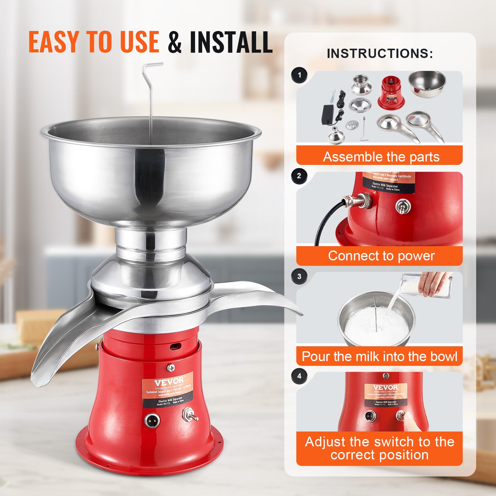 VEVOR Electric Milk Cream Separator, 304 Stainless Steel Goat & Cow Milk Skimmer, 100L/H 10500RPM, 30W 5L Bowl Capacity, 100-240V - Perfect for Home Dairy, Farm Use & Small Business Cheese Making