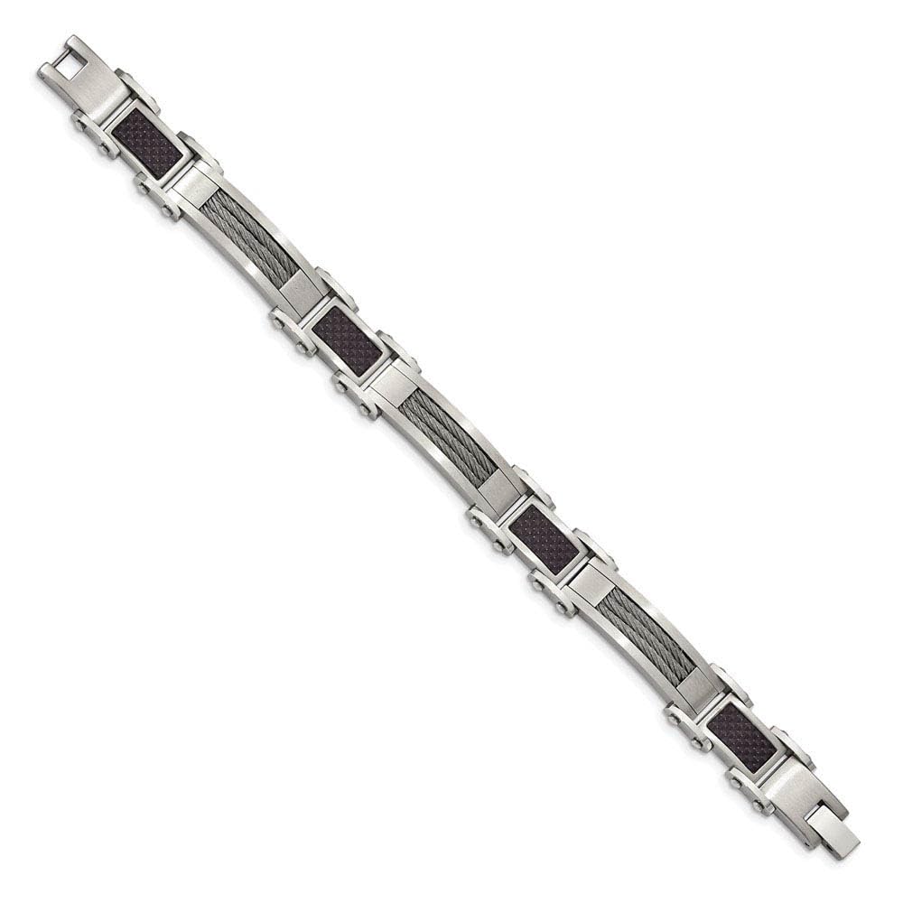 Men's Black Stainless Steel Carbon Fiber & Cable Link Bracelet - 8.5 Inch Adjustable Wristband for Business, Casual & Formal Occasions