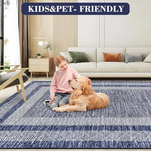 GARVEE 2x6 Modern Non-Slip Runner Rug - Washable Soft Geometric Carpet for Hallway, Kitchen & Entryway | Distressed Blue Border Design | Perfect for High-Traffic Areas, Home Decor & Pet-Friendly Spaces