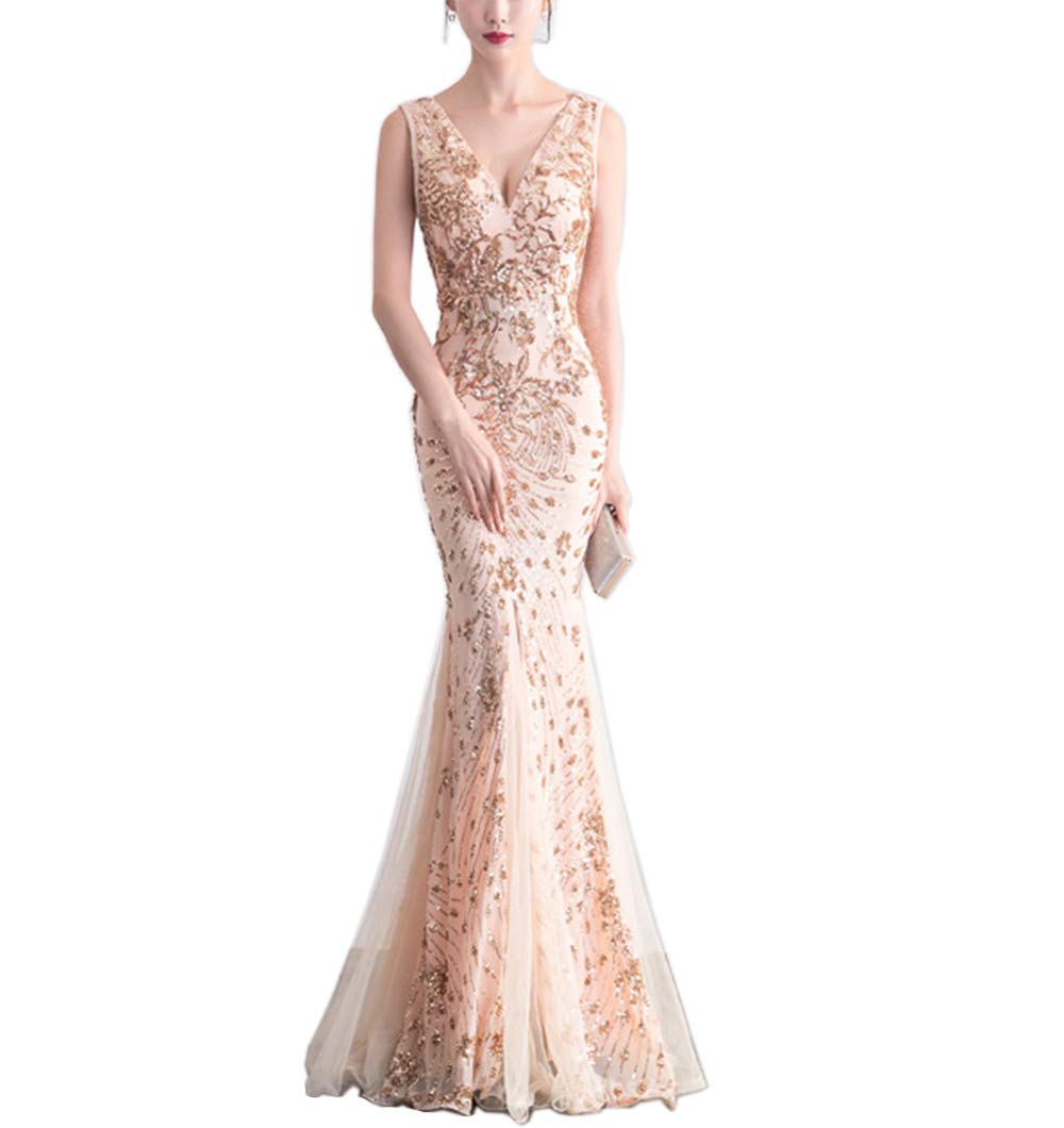 SOLOVEDRESS Women's Mermaid Prom Evening Dress - V Neck Sequined Party Gown for Bridesmaid, Homecoming, Pageant & Formal Events - Elegant Long Sleeve Sparkly Gown for Special Occasions