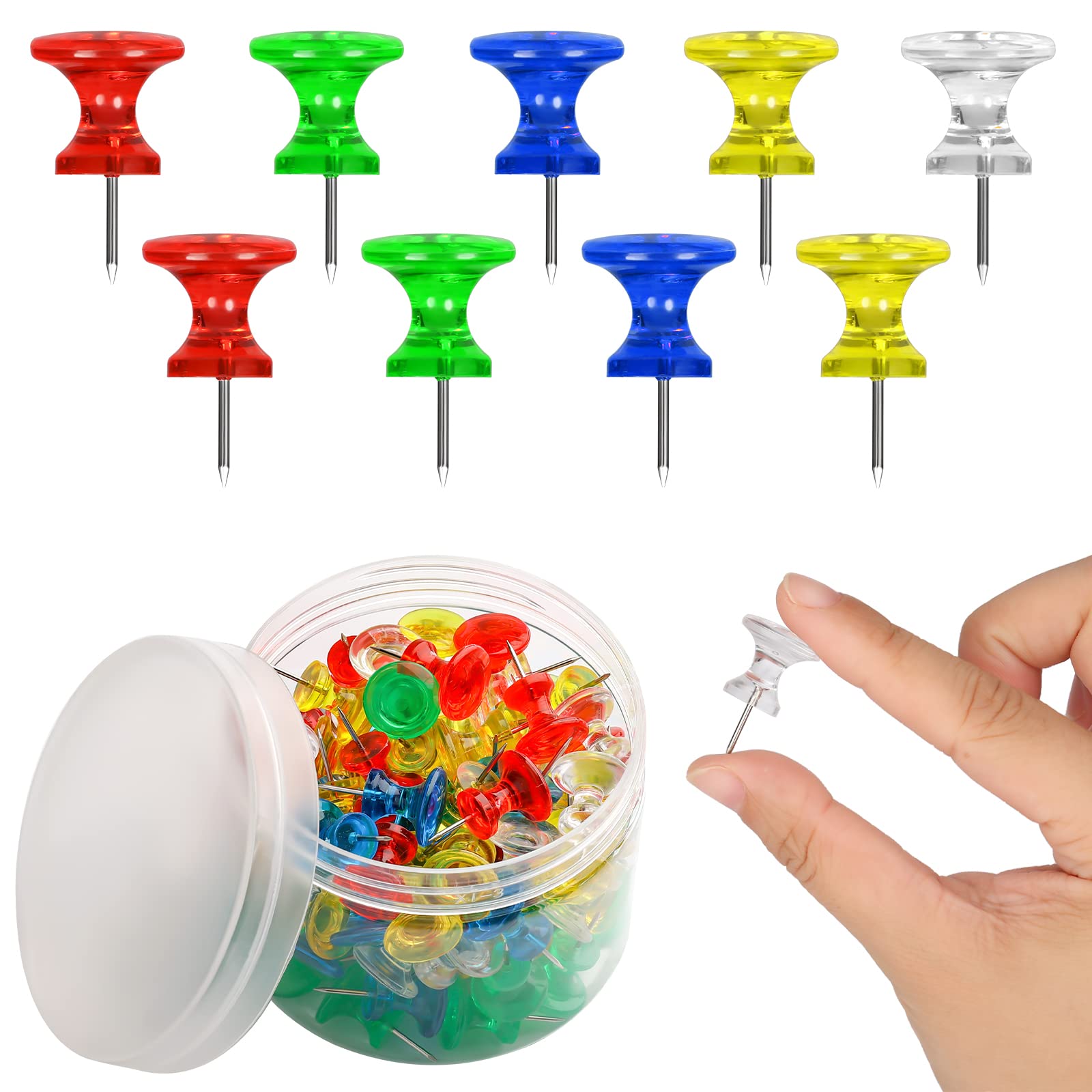 KINBOM 100-Pack Colorful Push Pins - 1 Inch Steel Point Thumb Tacks for Bulletin Boards, Office, School & DIY Crafts - Transparent Candy-Colored Map Pins for Cork Boards, Wall Decor & Home Organization