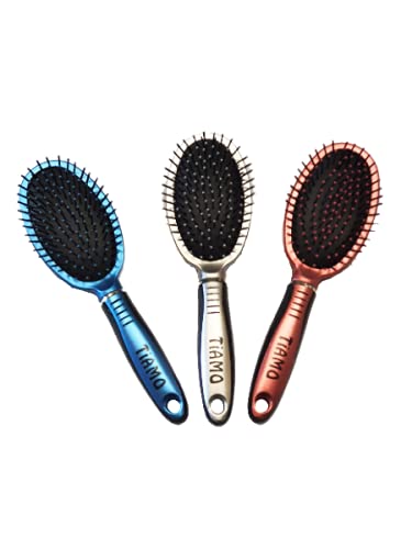 Flat Oval Plastic Hair Brush Set - Blue, Silver & Brown for Hair Styling & Detangling - Perfect for Home, Salon & Travel Use