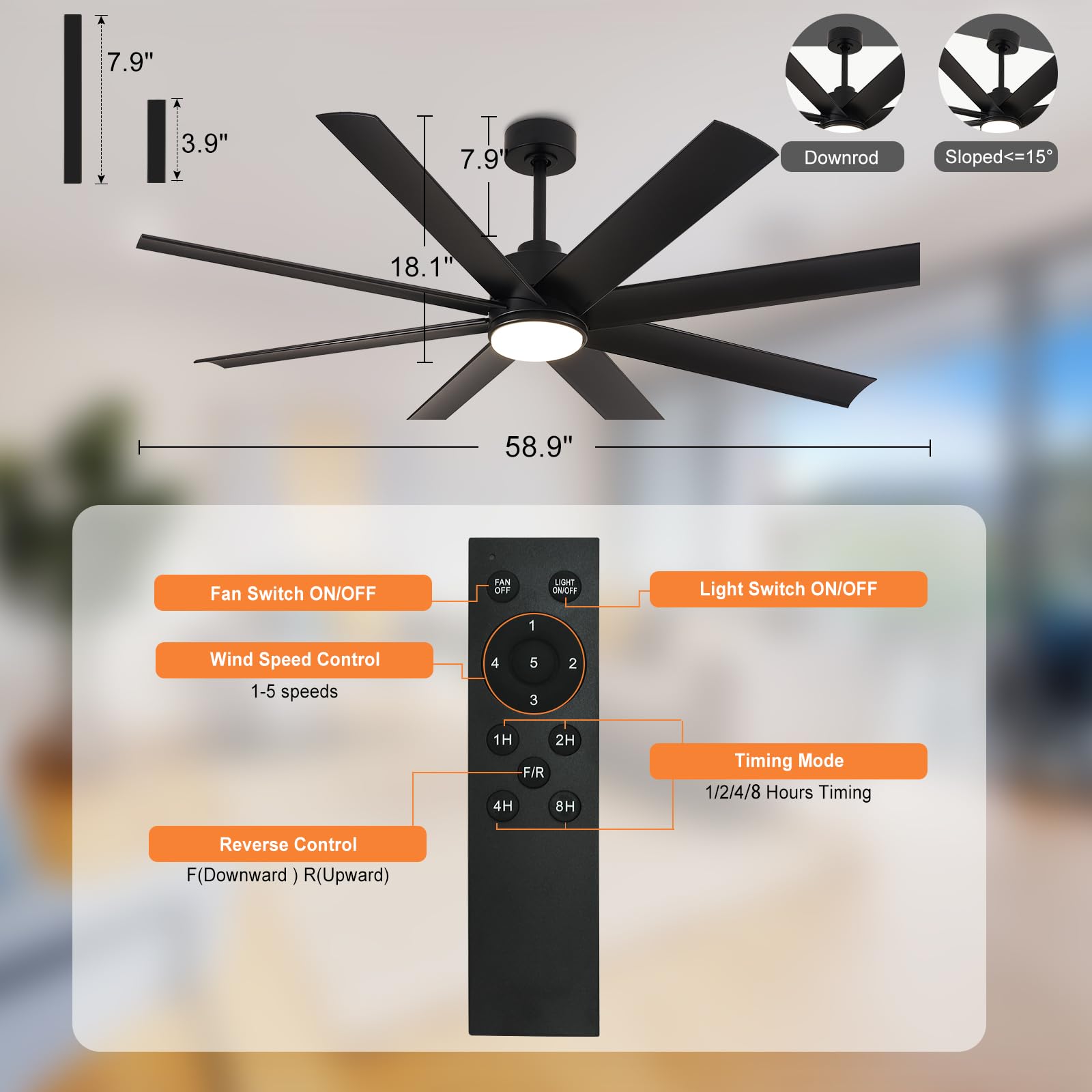 Depuley 60 Inch Black Ceiling Fan with Lights and Remote Control - 3 Color Temperature Dimmable LED, 8 Blades, 5-Speed Reversible DC Motor - Perfect for Office, Living Room, Bedroom and Covered Patios