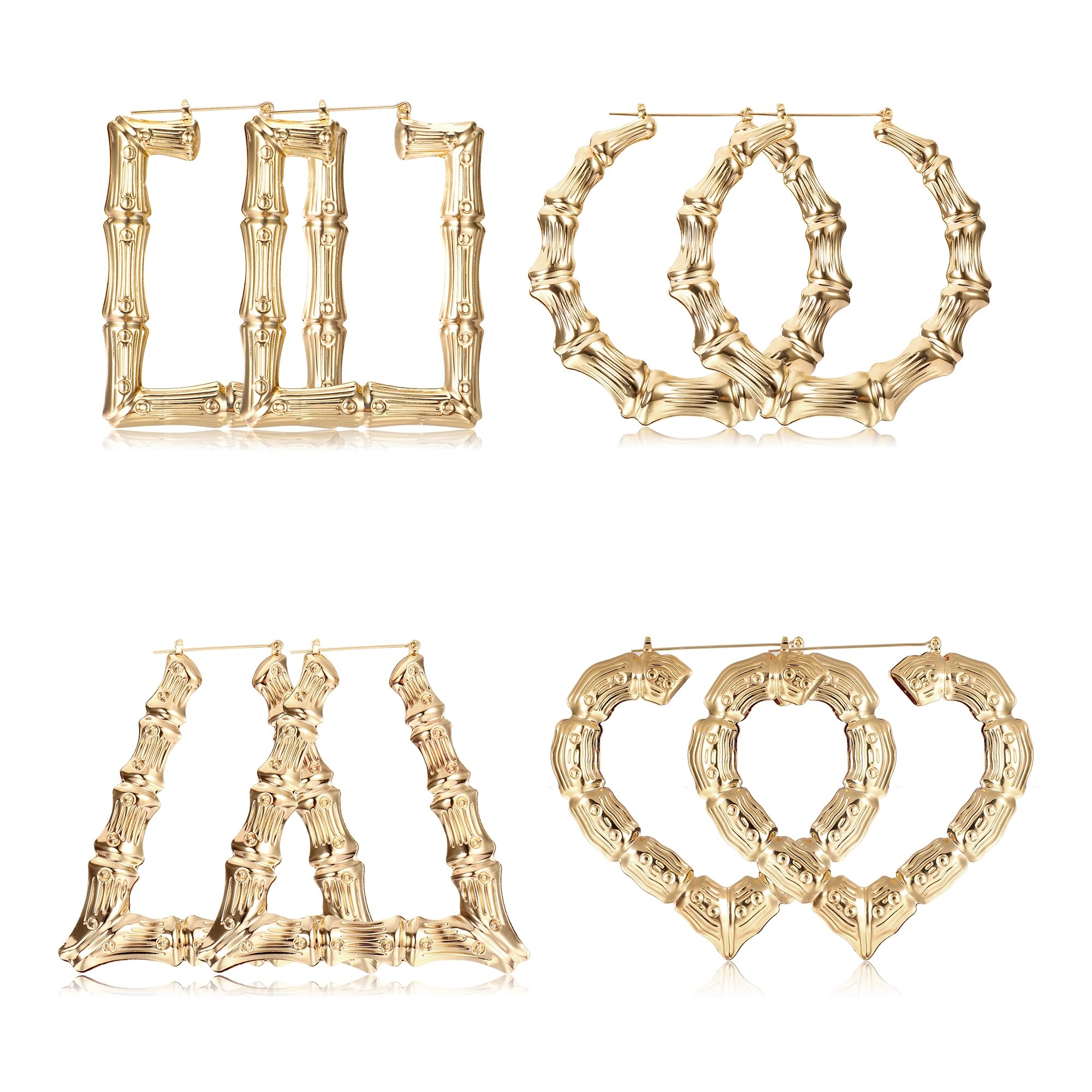 **JeryWe Large Gold Heart Bamboo Hoop Earrings for Women - 80s 90s Retro Y2K Chunky Hoops - Hip Hop Oversized Statement Jewelry - Perfect for Parties, Concerts & Vintage Fashion**