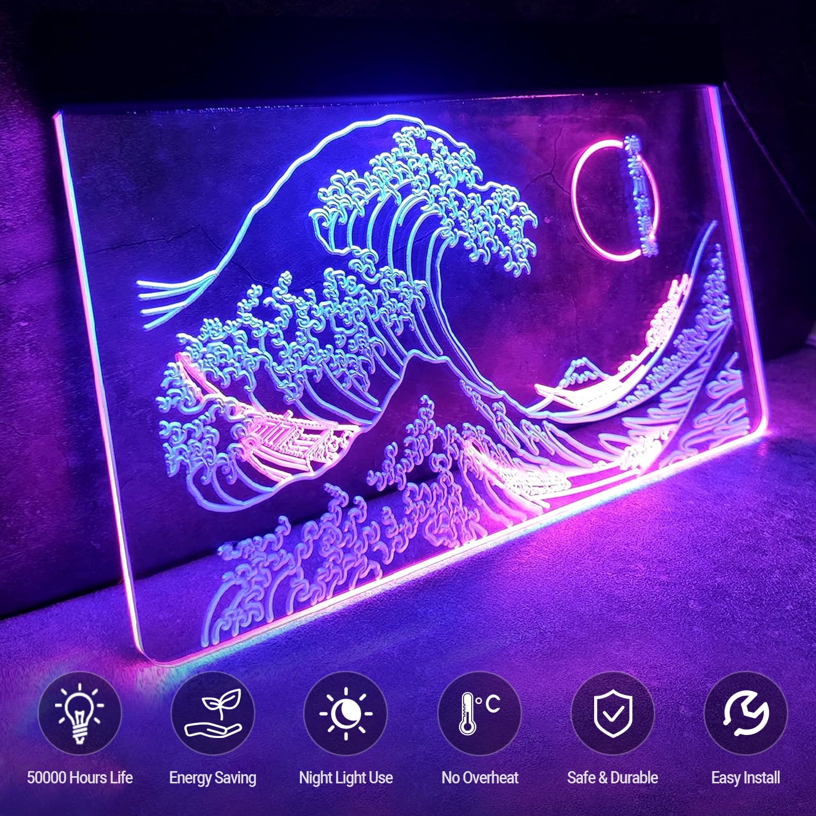 The Great Wave Off Kanagawa LED Neon Sign - Japanese Ukiyoe Art Wall Decor by Katsushika Hokusai - 12x16 Inch Blue & Pink Neon Light for Bedroom, Living Room & Office Interior Design | Modern Anime & Manga Inspired Home Decoration