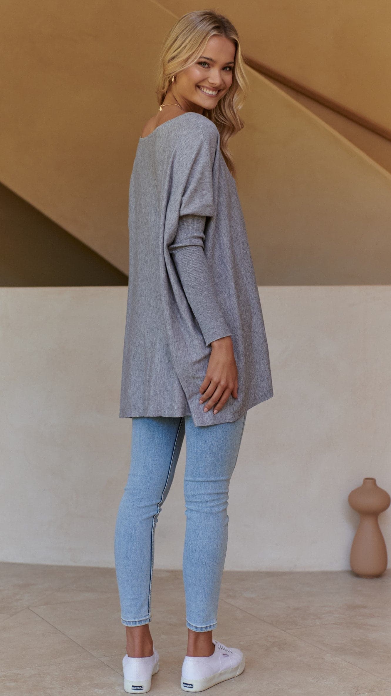 Amalia Knit Top for Women - Soft Grey Casual Sweater - Perfect for Office, Date Night & Fall Layering