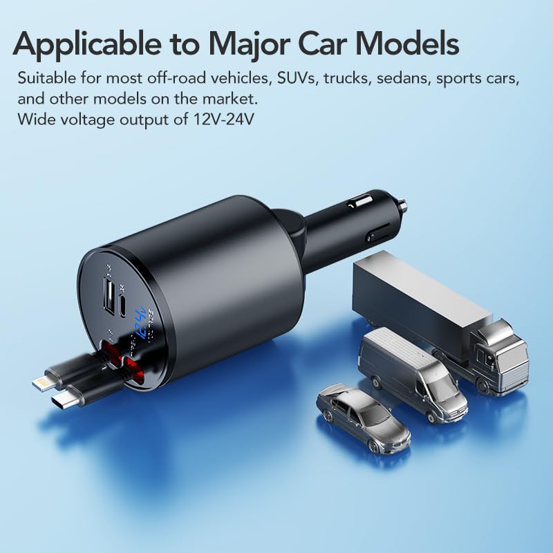 4-in-1 60W Super Fast Retractable Car Charger with 2 USB Ports & 2 Retractable Cables - Compatible with iPhone 16/15/14/13/12/11, AirPods 4, Galaxy & Pixel - Perfect for Road Trips & Daily Commutes