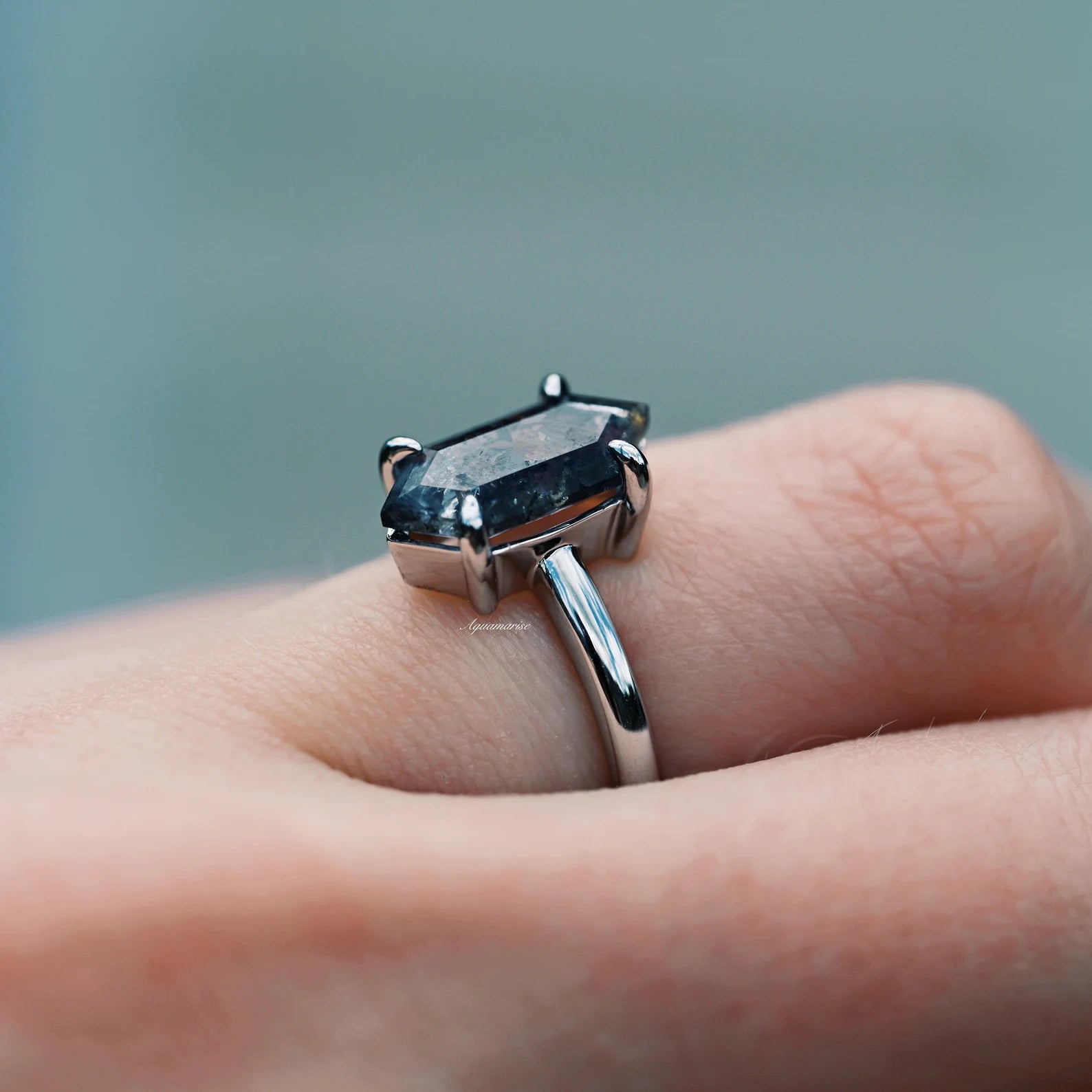 Hexagon Galaxy Raw Salt & Pepper Herkimer Diamond Ring - Sterling Silver Jewelry for Women, Unique Handmade Wedding Engagement Gift, Boho Hippie Style Accessory for Everyday Wear & Special Occasions