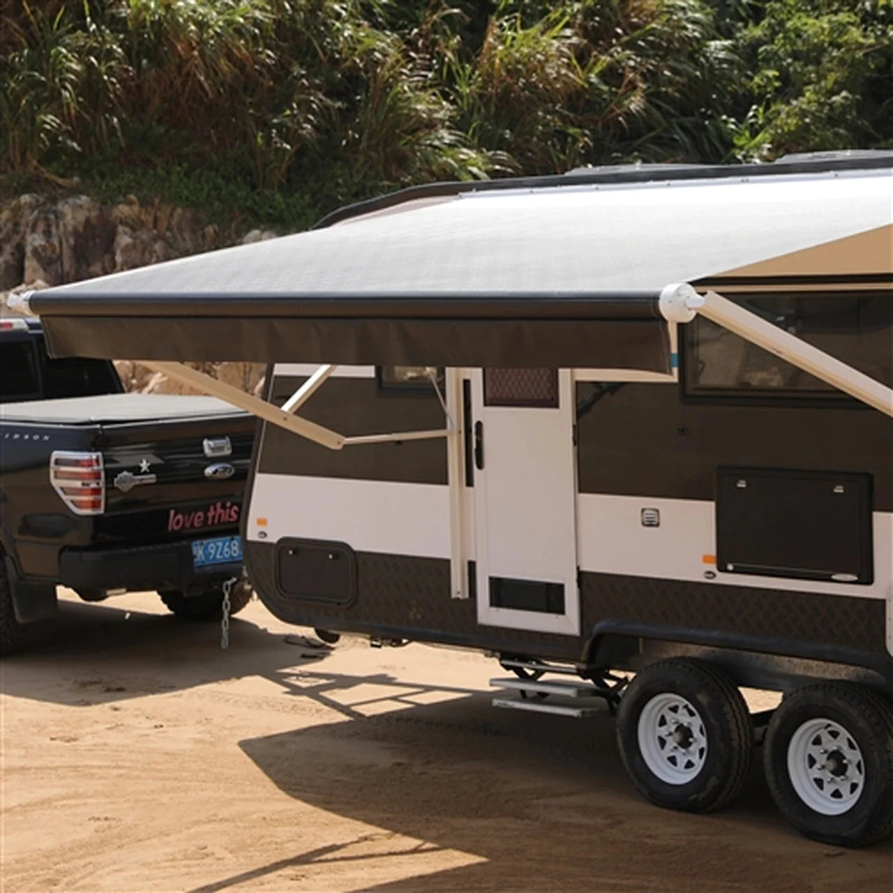 Motorized Retractable RV Awning 10x8 Feet - White/Black Fade - Automatic Patio Awning for Campers & Trailers - Perfect for Outdoor Shade & Relaxation