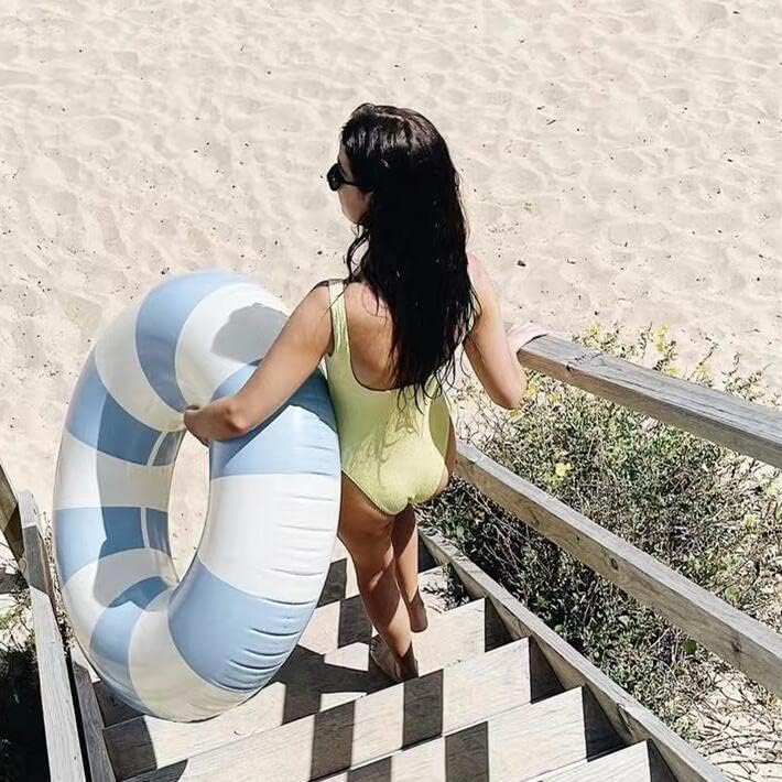 35 Inch Large Inflatable Swim Ring with Handles for Kids & Adults - Classic Striped Pool Float Tube for Summer, Beach & Pool Parties - Blue (Perfect for Relaxing, Swimming & Water Games)