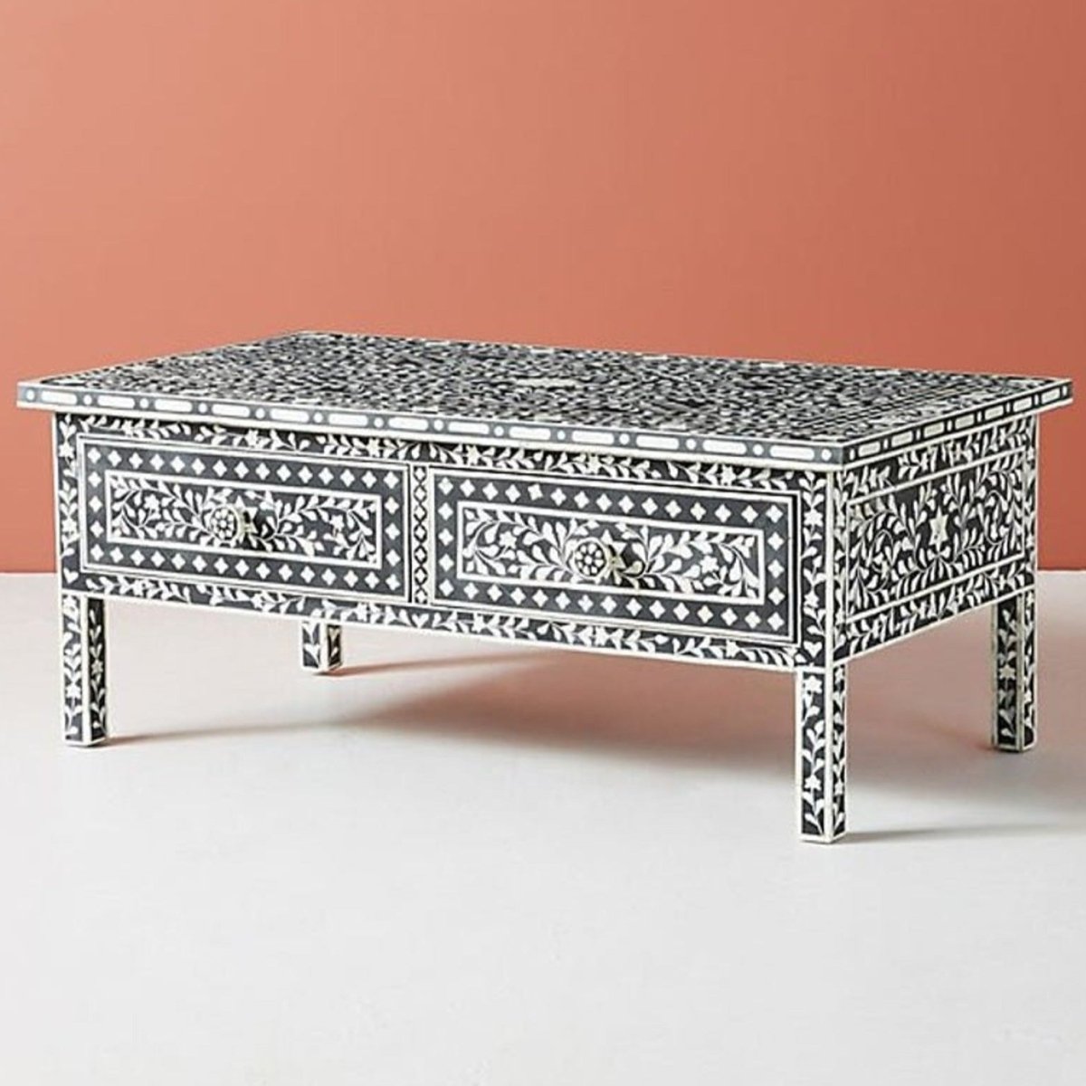 Handmade Bone Inlay Floral Design Black Two-Drawer Small Coffee Table - Perfect for Living Room, Bedroom & Office Decor